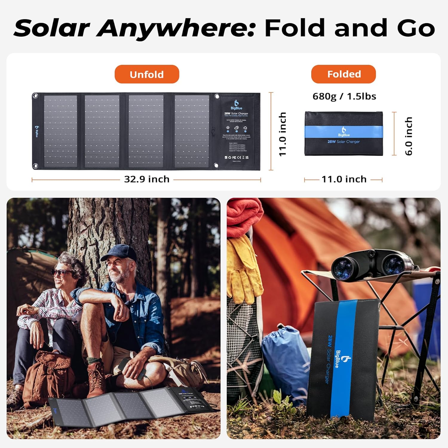 28W Foldable Solar Charger 3 USB Ports Waterproof Fast Charge