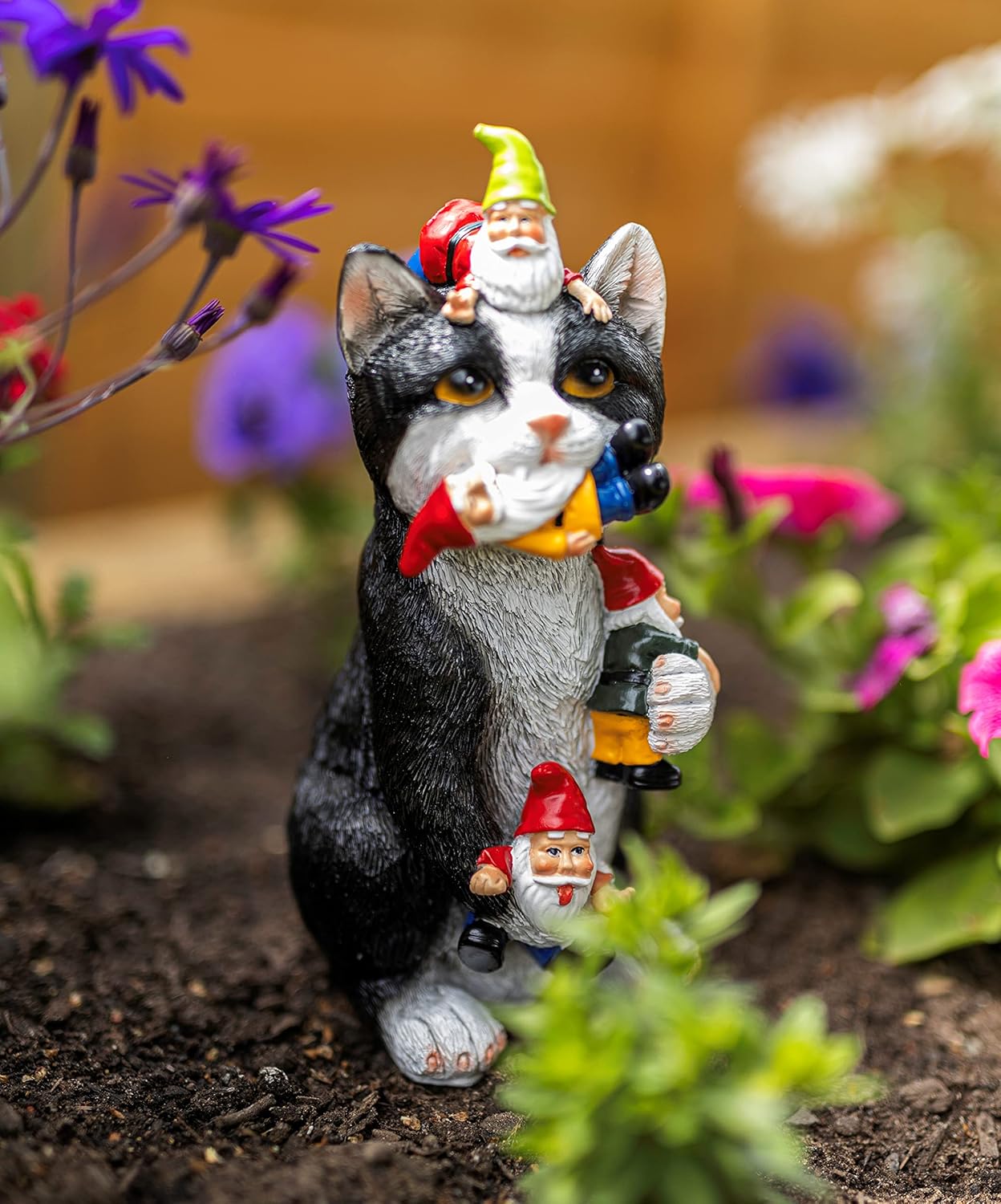 Funny Cat Eating Gnomes Statue Resin Garden Ornament Outdoor Decor