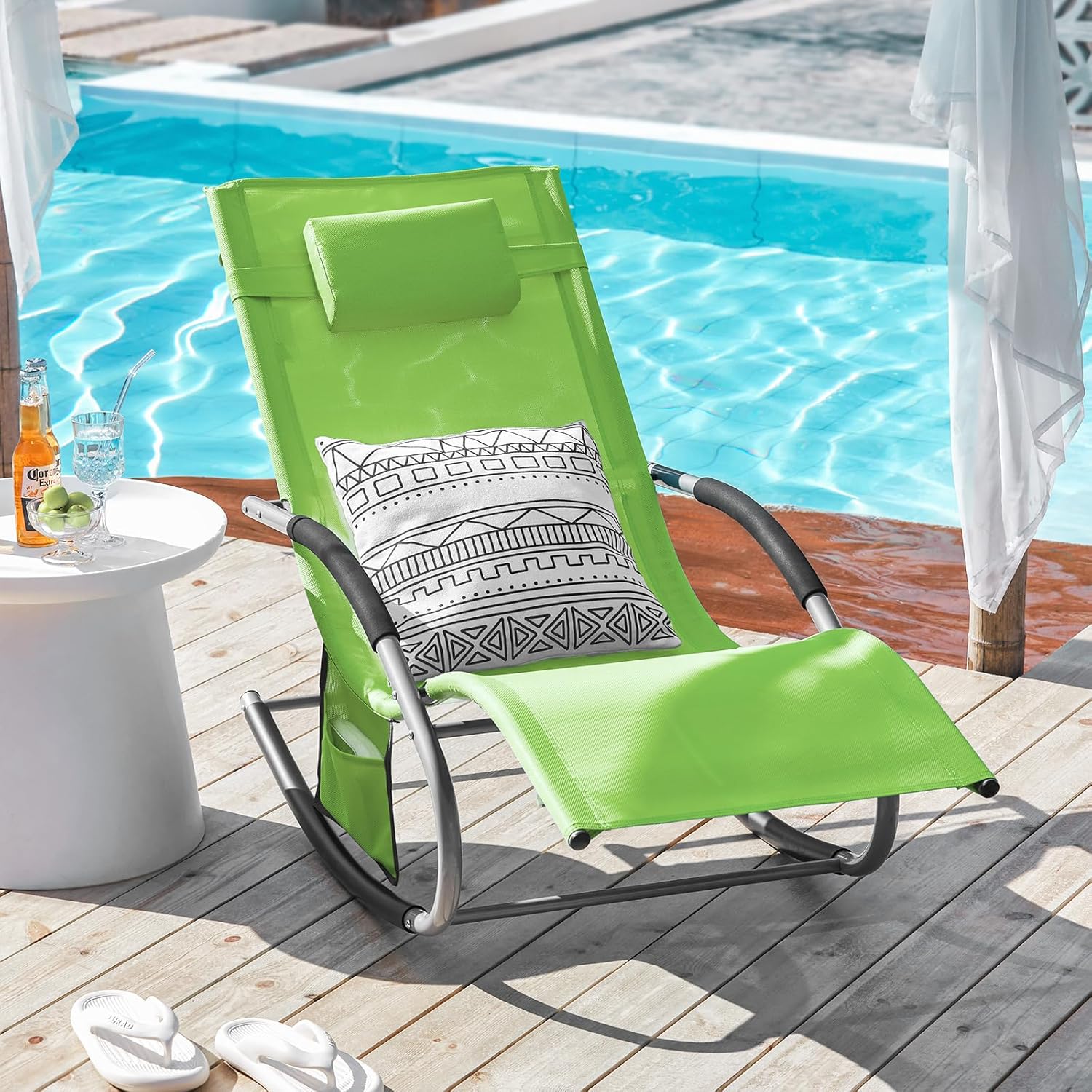 Outdoor Rocking Recliner Chair with Pillow Pocket Green