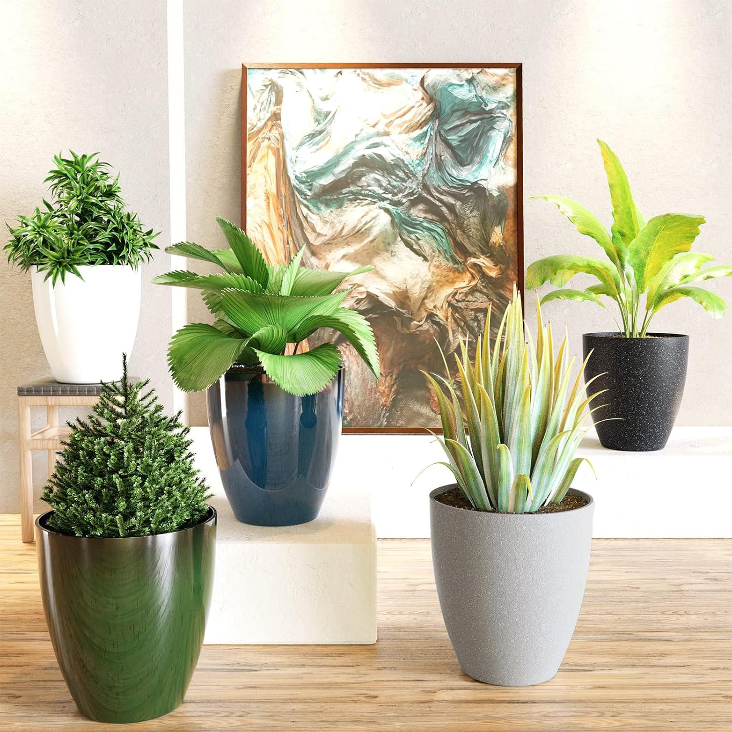 Set of 2 Blue Plant Pots 10 Inch Modern Planters Indoor Outdoor
