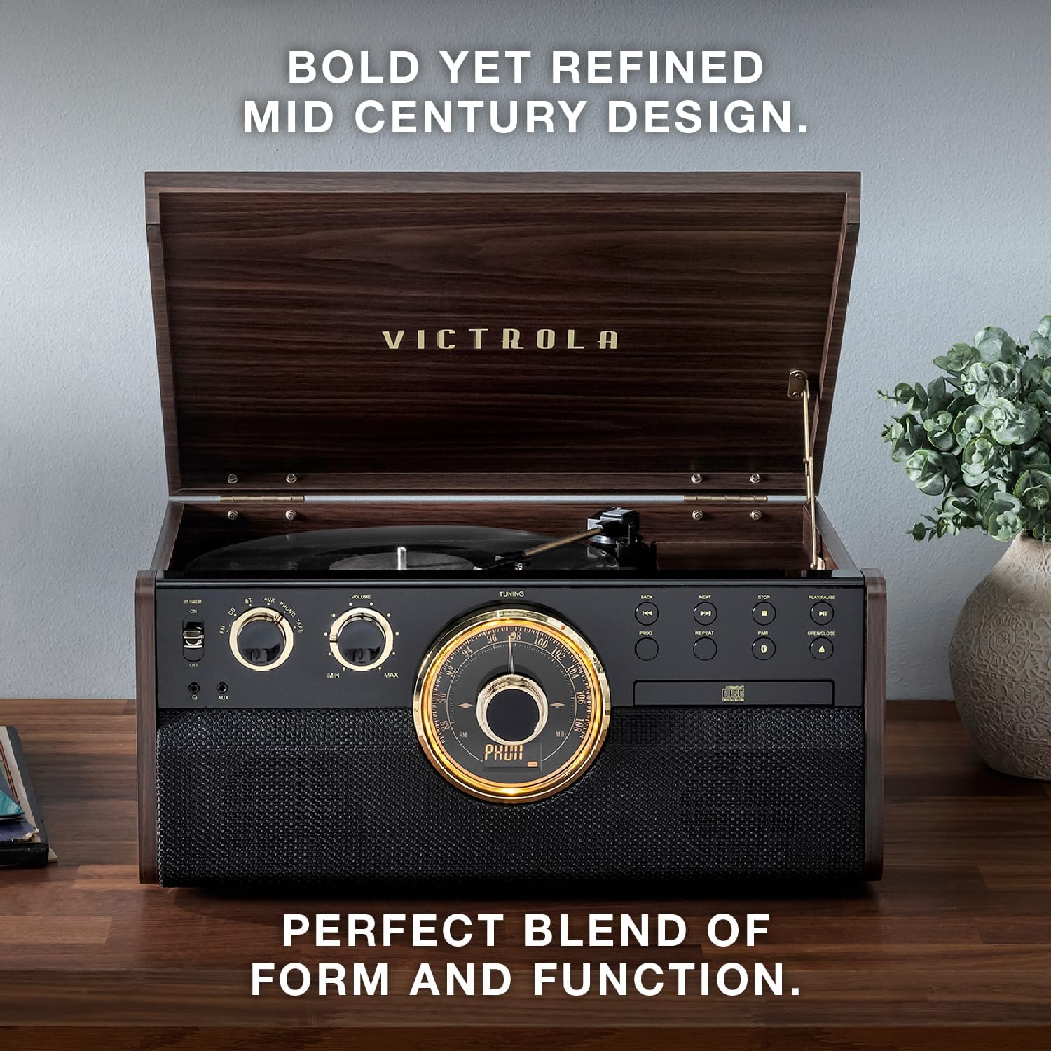 6 in 1 Wood Record Player Bluetooth CD Cassette Walnut