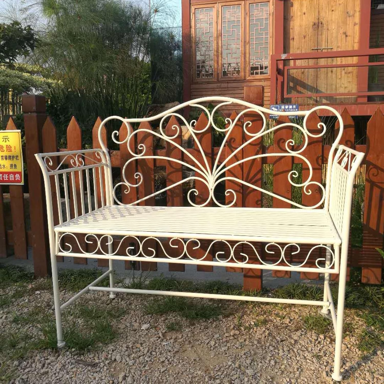 43in Outdoor Garden Bench Metal Patio Bench with Armrests White