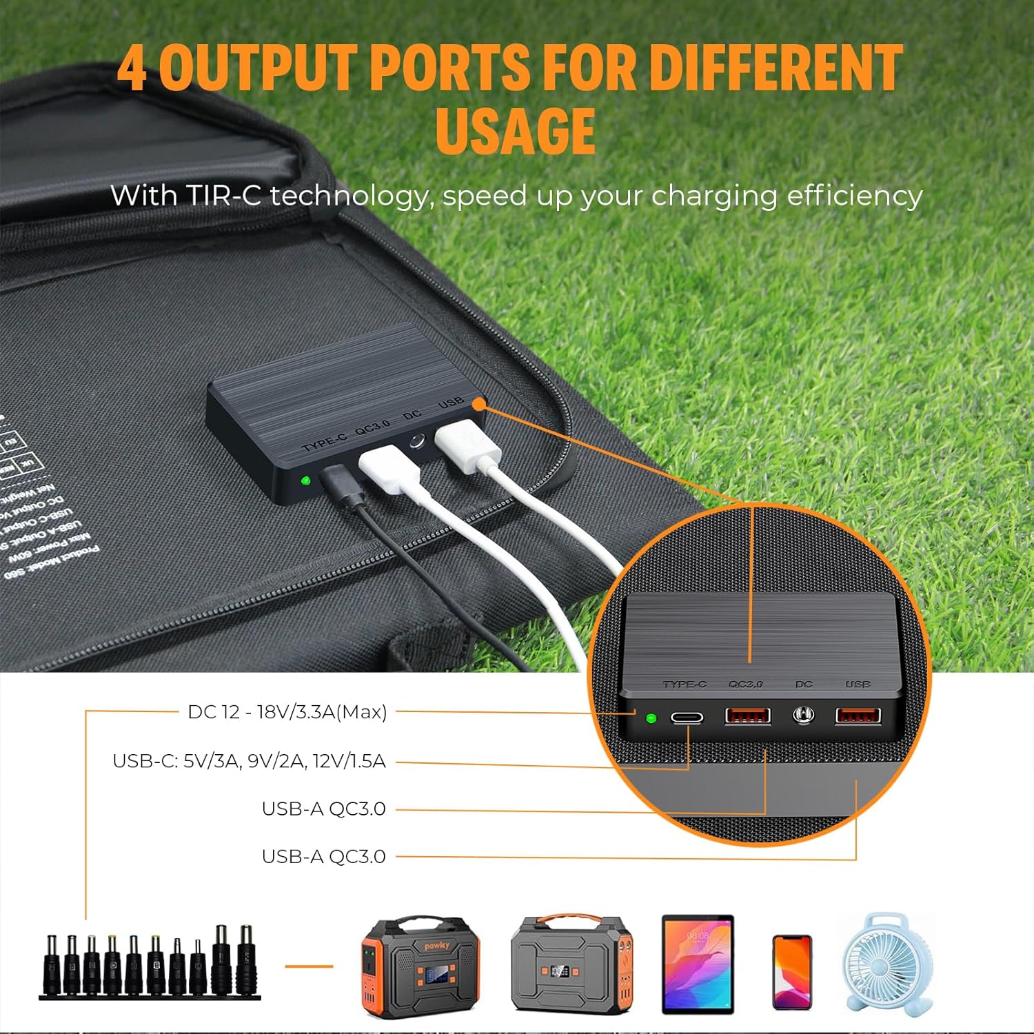 60W Portable Foldable Solar Panel USB C QC3.0 Camping Charger