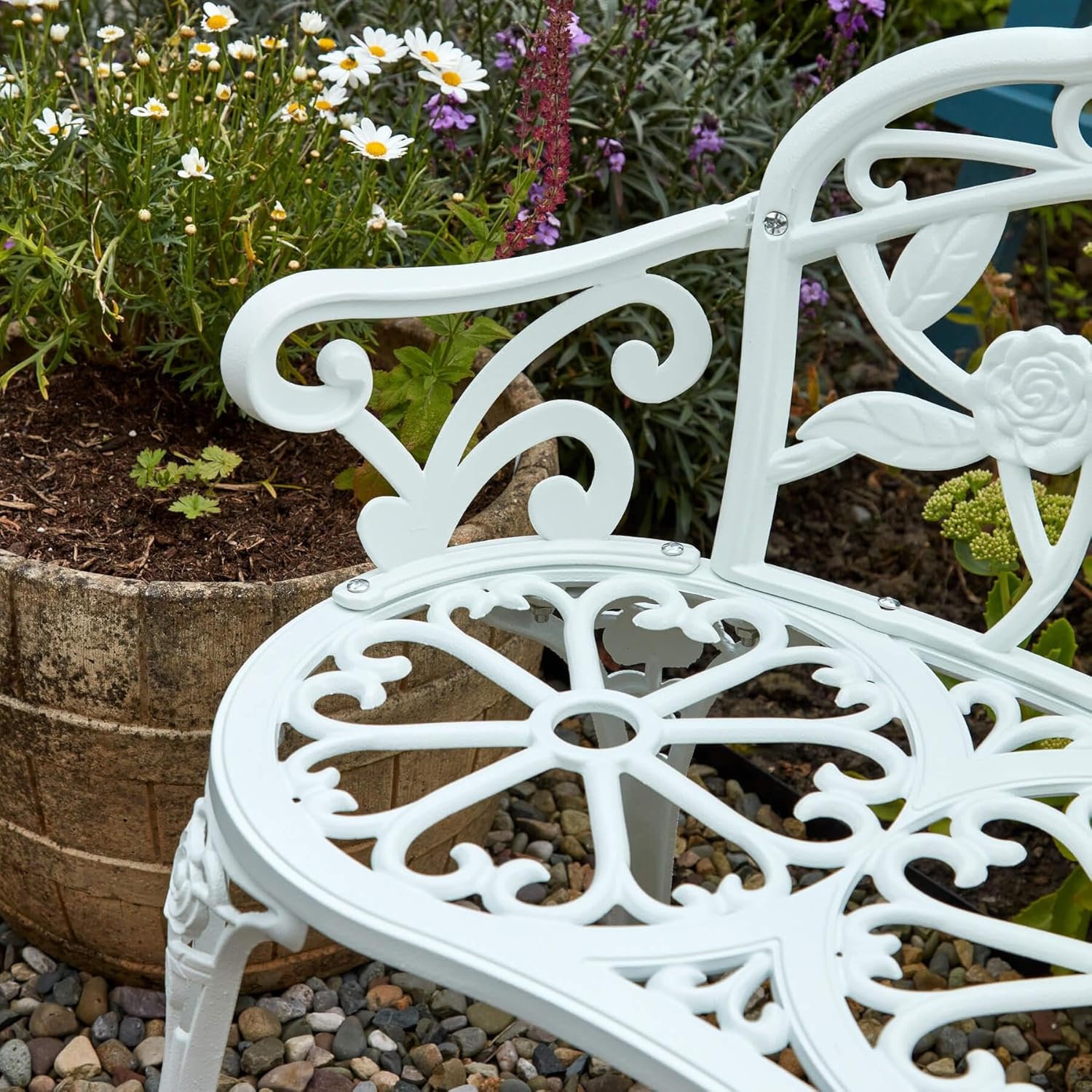 2 Seater Cast Iron Garden Bench Rose Design Patio Seat White