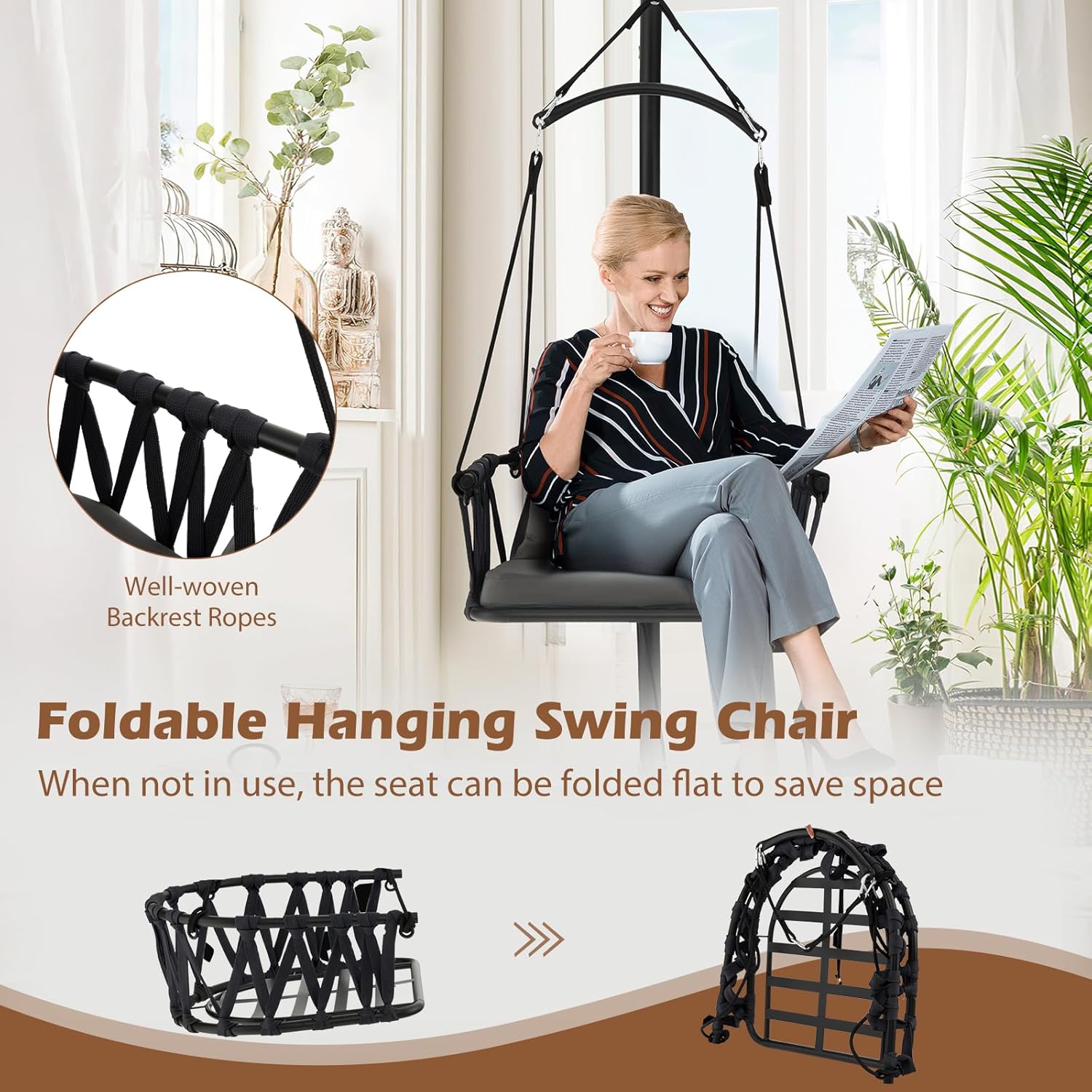 Hammock Swing Chair with Stand Cushion Indoor Outdoor Gray