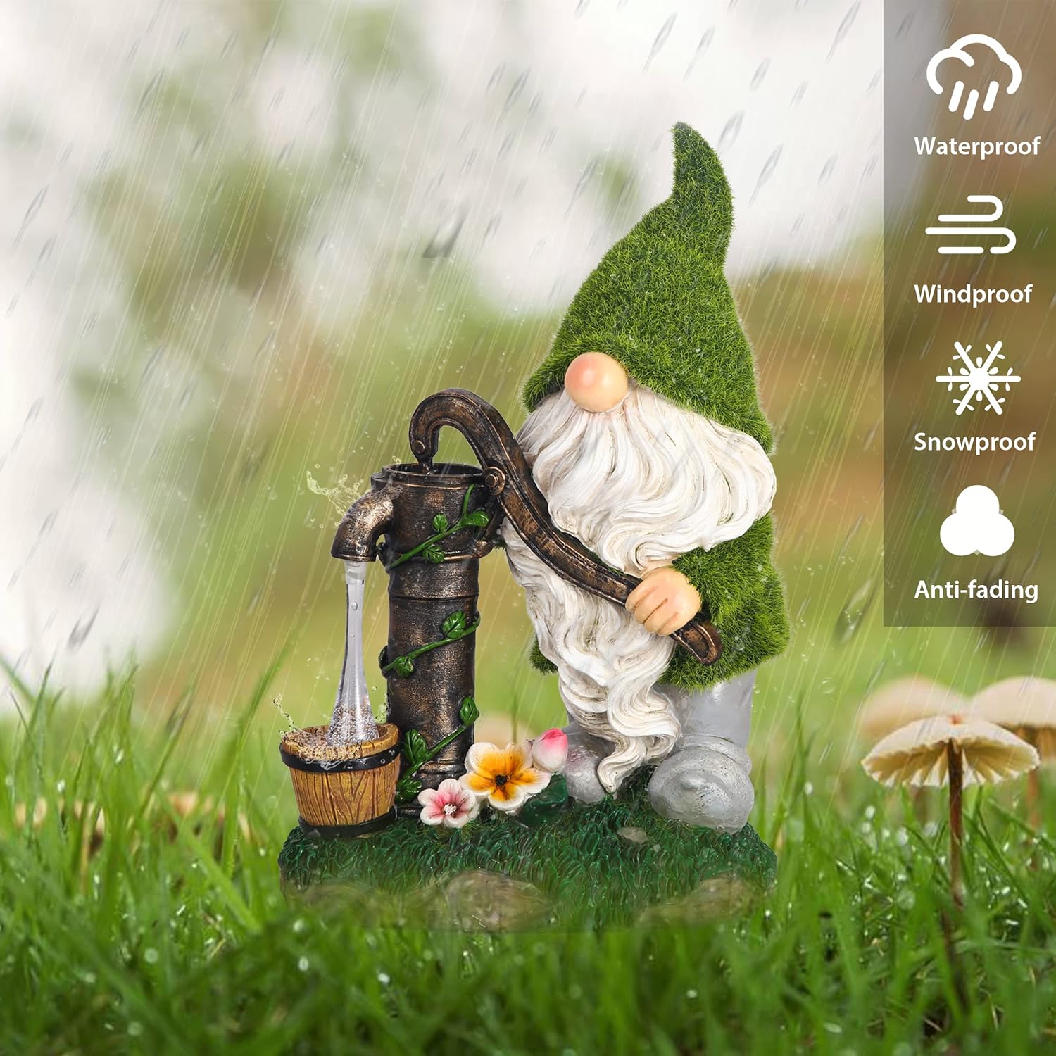 Solar Gnome Water Pump Statue Resin Garden Decor Outdoor 22.5cm
