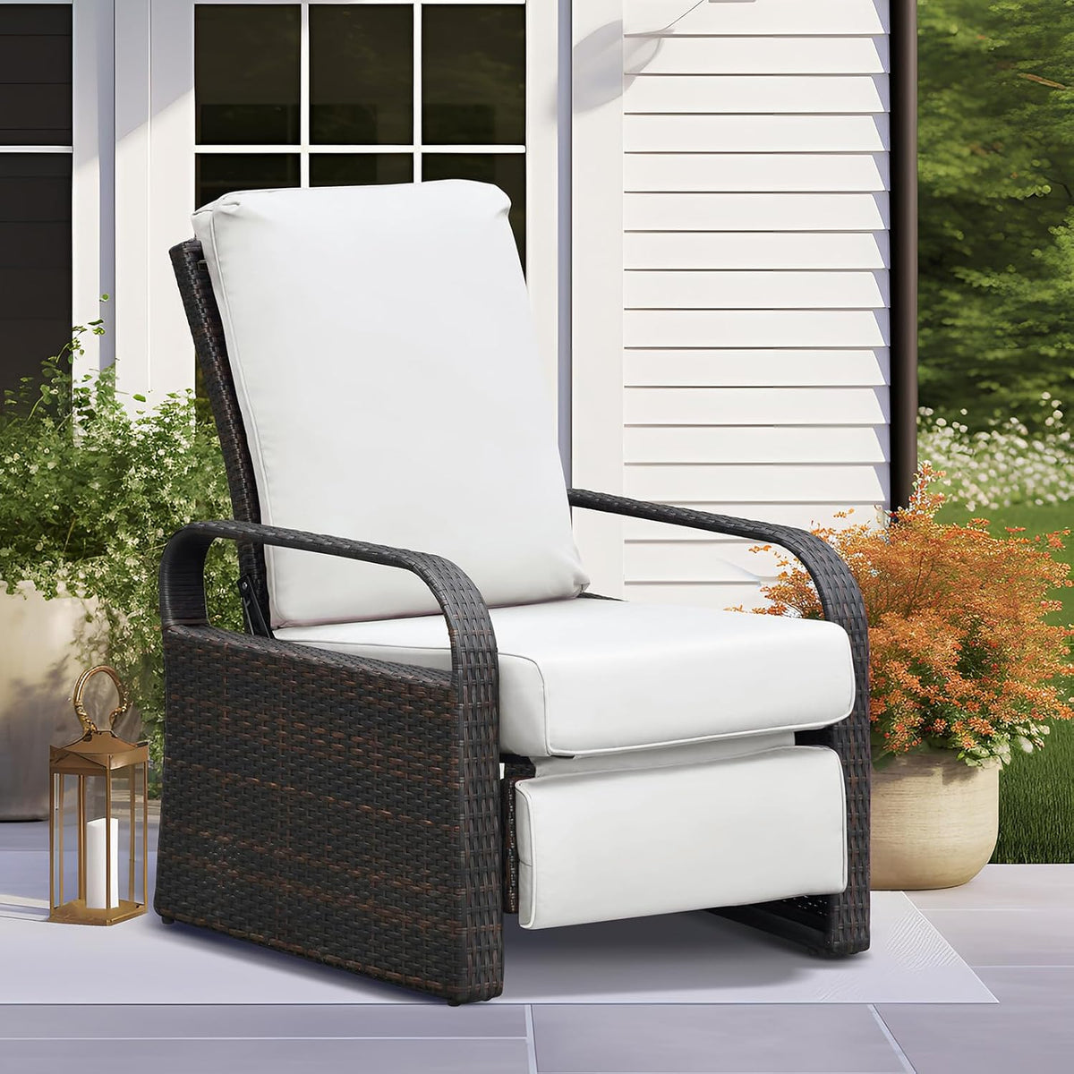 Rattan Recliner Garden Chair Adjustable Cushioned Beige