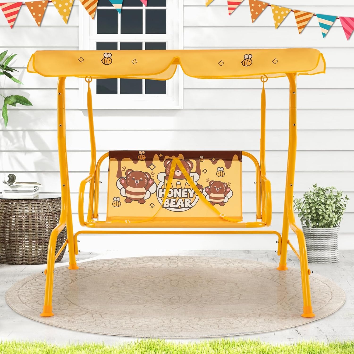 Kids 2 Seat Swing Chair Orange Canopy Safety Belts