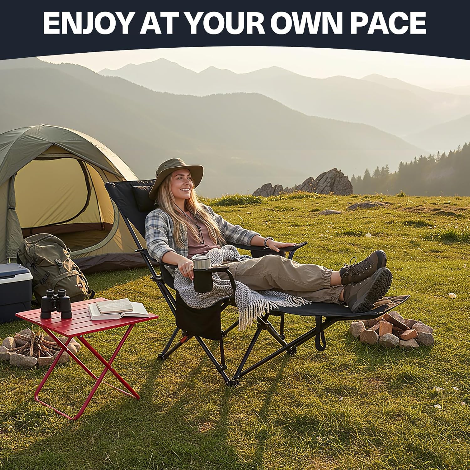 Set of 2 Reclining Camping Chairs with Footrest 300lb