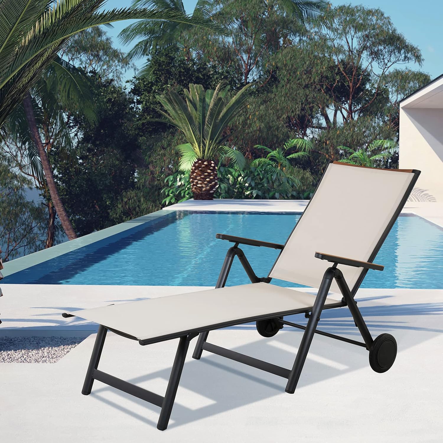 Sun Lounger with Wheels Beige Folding Reclining Chair