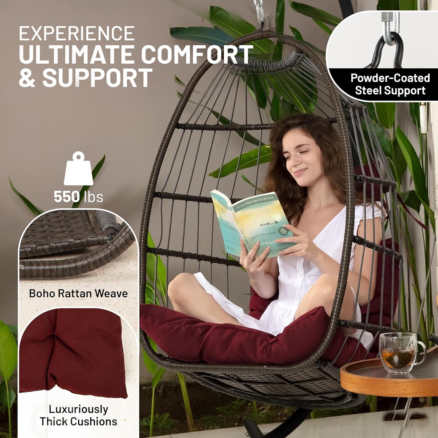 Foldable Rattan Egg Chair with Stand Cushion Red