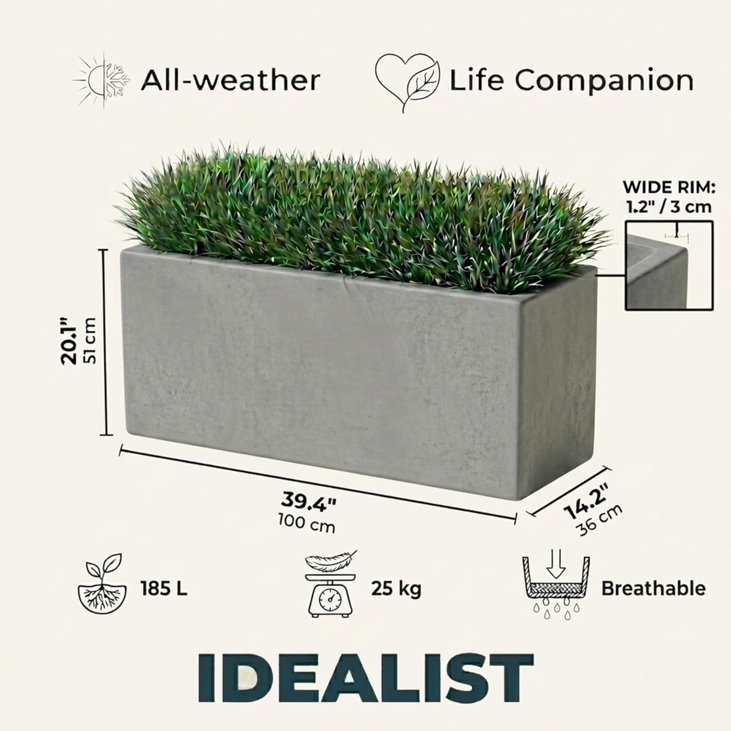 100cm Large Trough Planter Grey Stone Effect Garden Pot