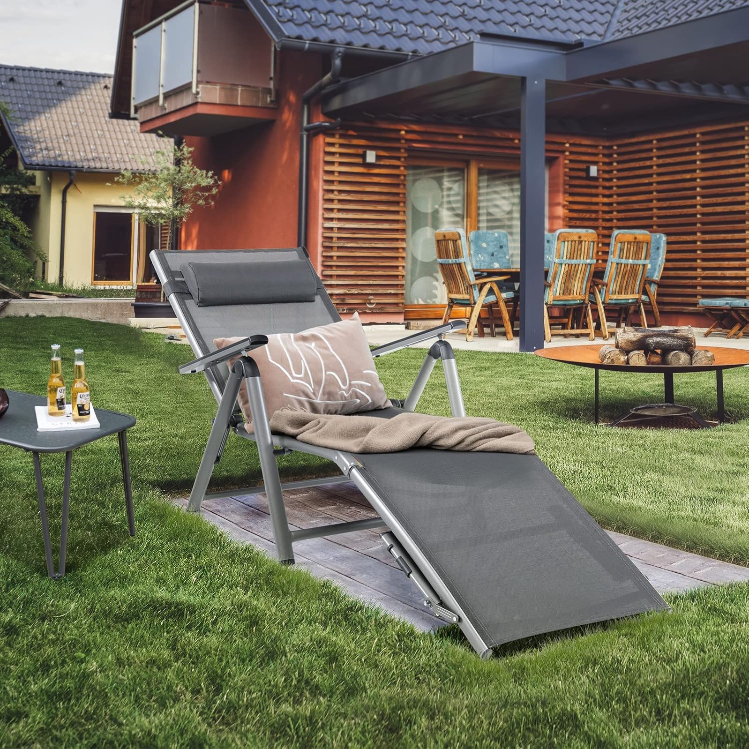 Folding Sun Lounger Reclining Chair 8 Position Aluminium Grey