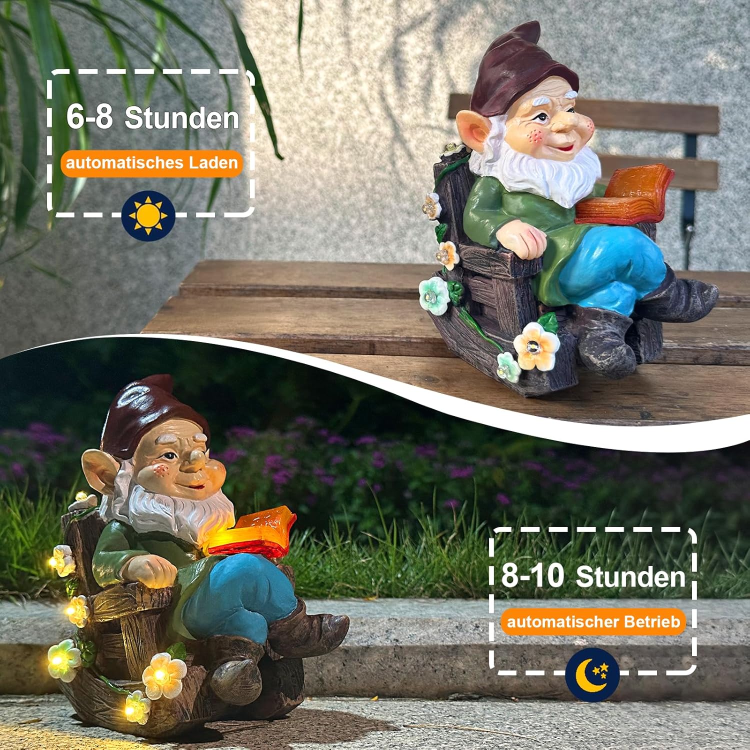 Solar Garden Gnome LED Reading Statue Decor