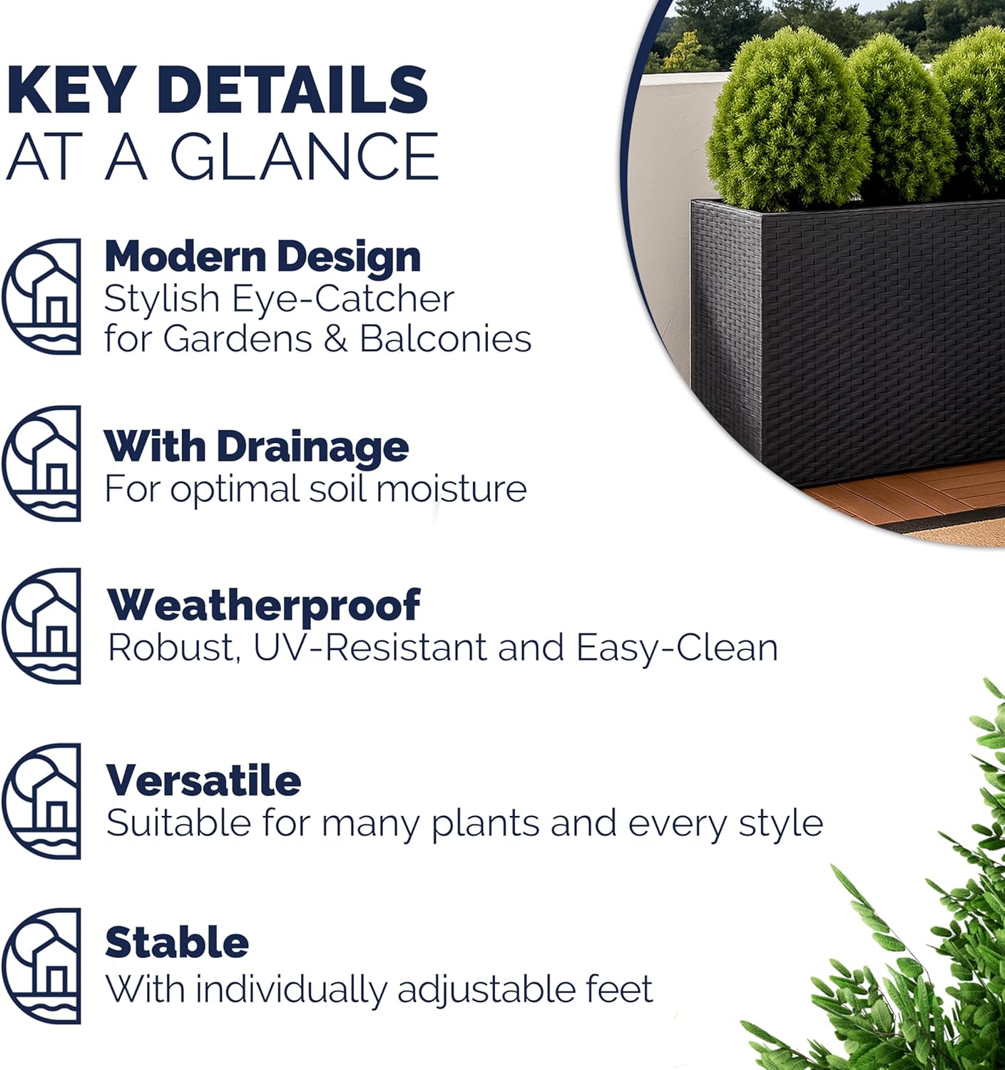 Tall Rattan Planter Box 83cm Black with 3 Pots