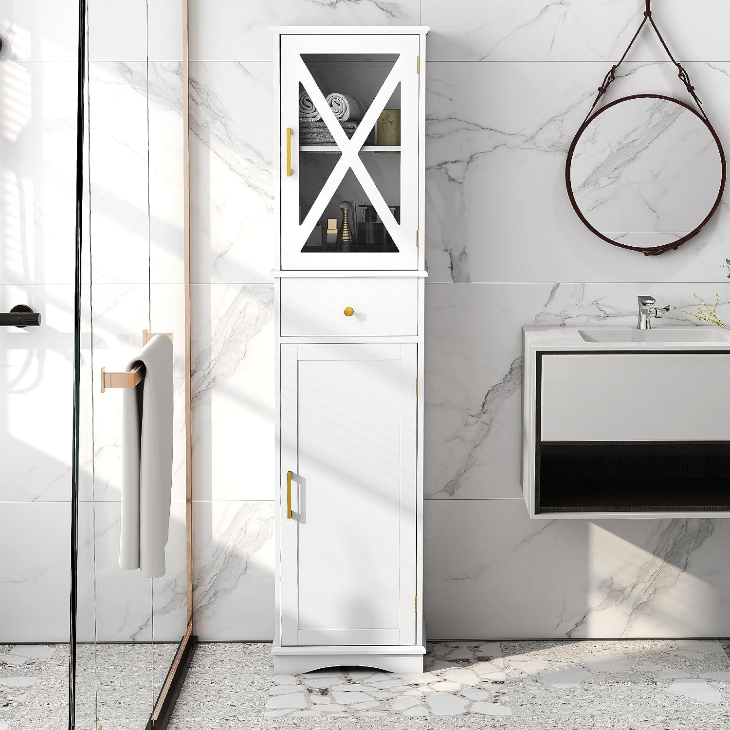 Slim Bathroom Tall Cabinet Drawer 2 Door Shelf Unit White
