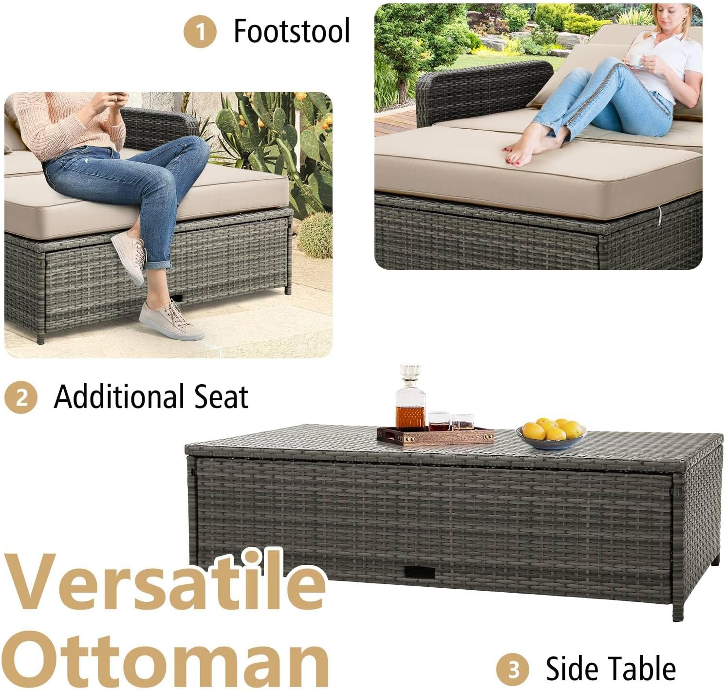 2 in 1 Patio Rattan Daybed Sun Lounger Beige Grey
