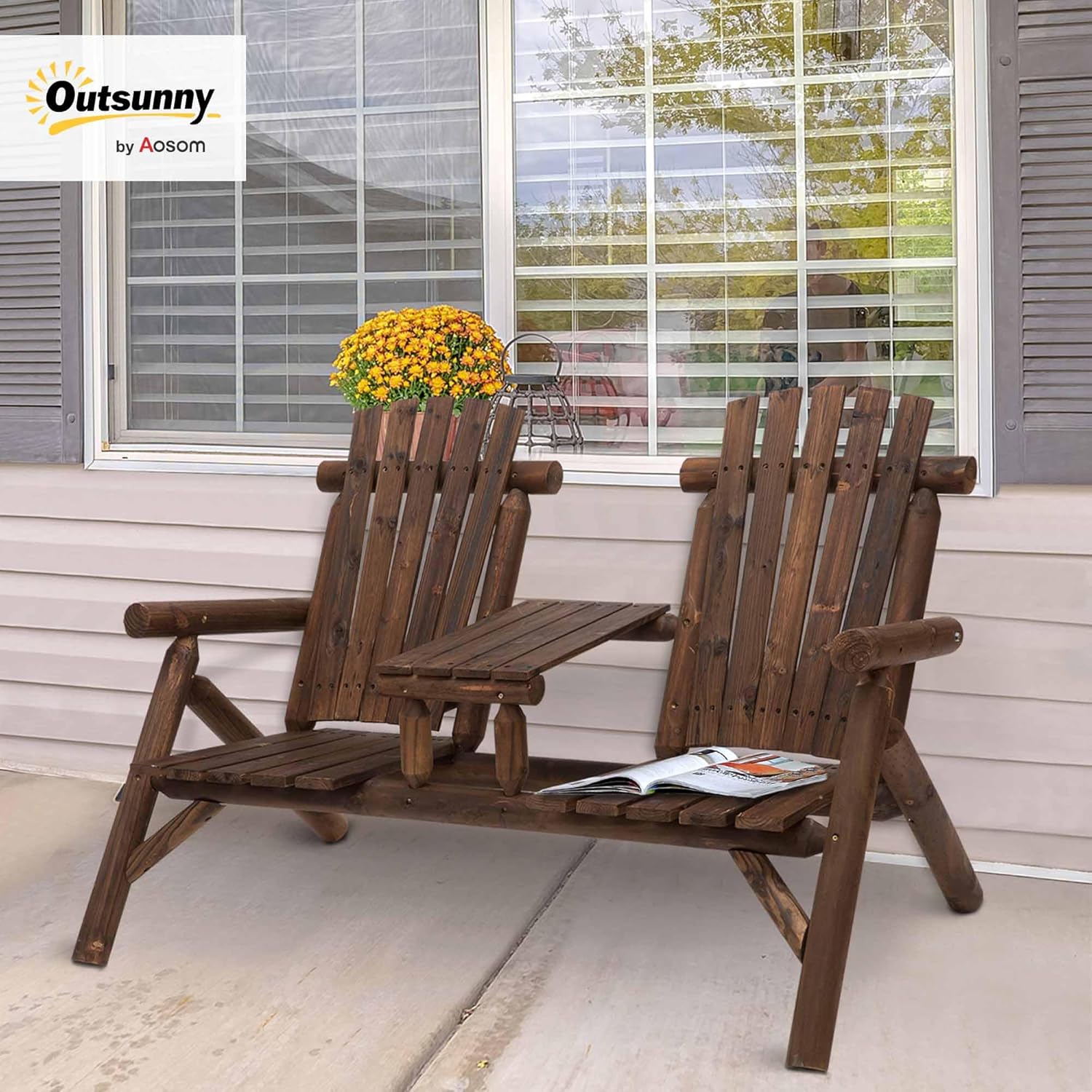 2 Seater Wooden Garden Bench with Centre Table Patio Seat