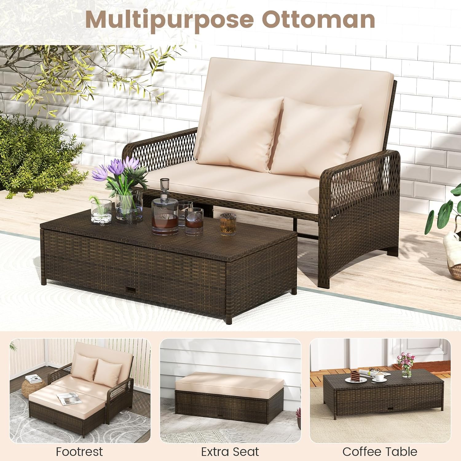 Patio Rattan Daybed Double Sun Lounger Storage Beige