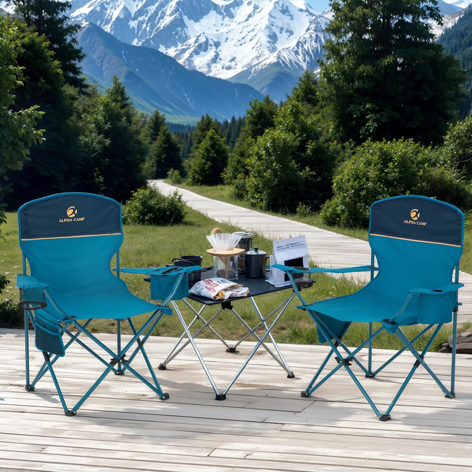 Set of 2 Folding Camping Chairs Cooler Bag Blue