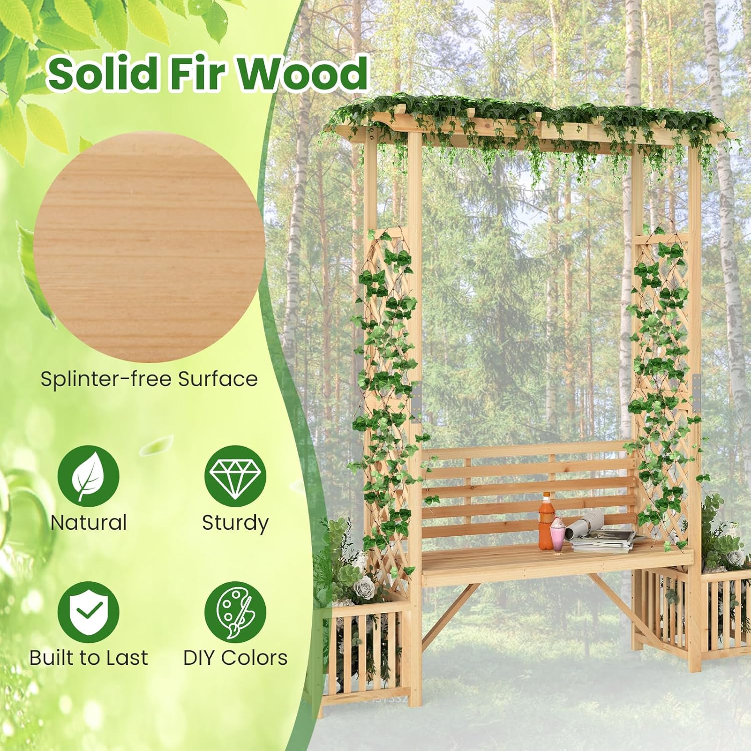 Wooden Garden Arch Bench with Planters Trellis Pergola Seat