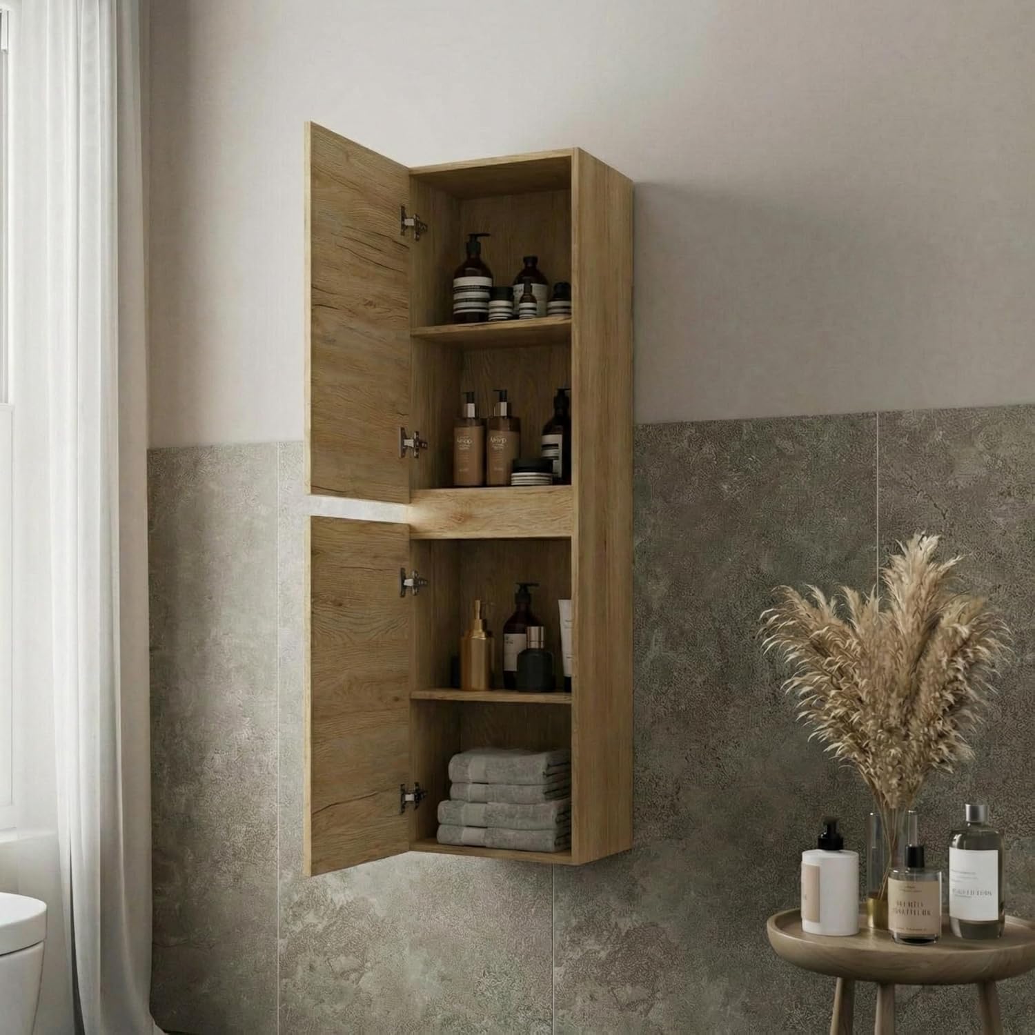 Oak Wall Mounted Tall Bathroom Cabinet Soft Close 2 Door Storage Unit