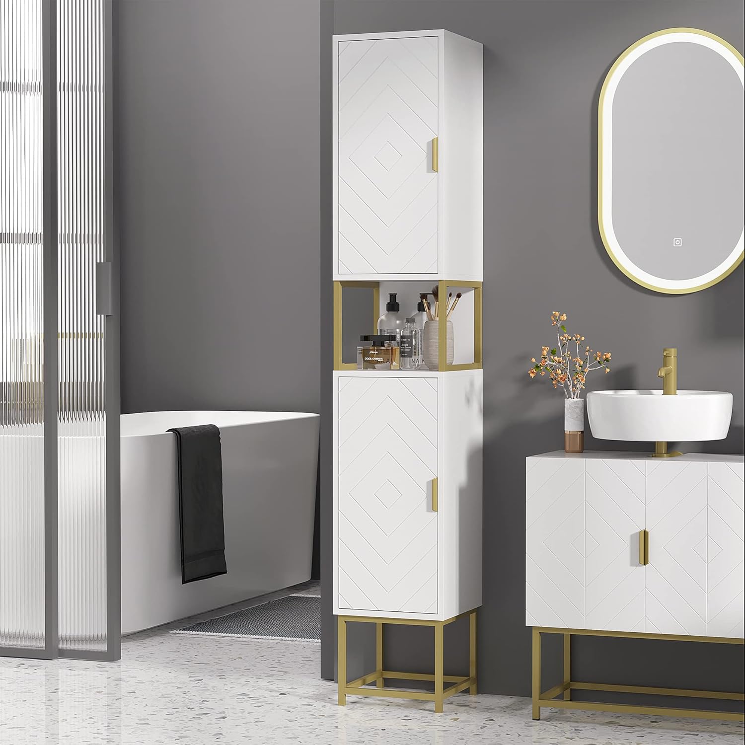 Slim Bathroom Tall Storage Cabinet White Corner Shelf Cupboard Unit
