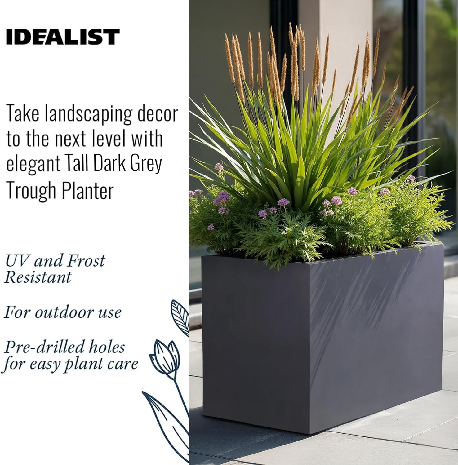 60cm Large Trough Planter Dark Grey Stone Effect Outdoor Pot