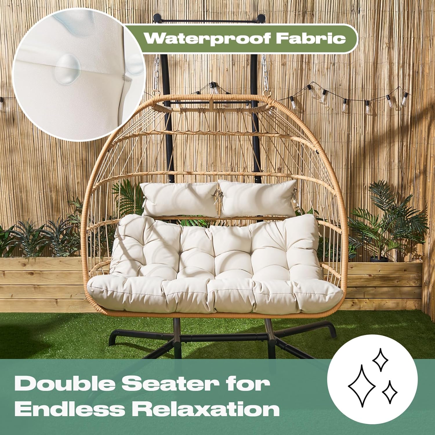 Double Egg Chair Natural Rattan Swing with Stand Cushion