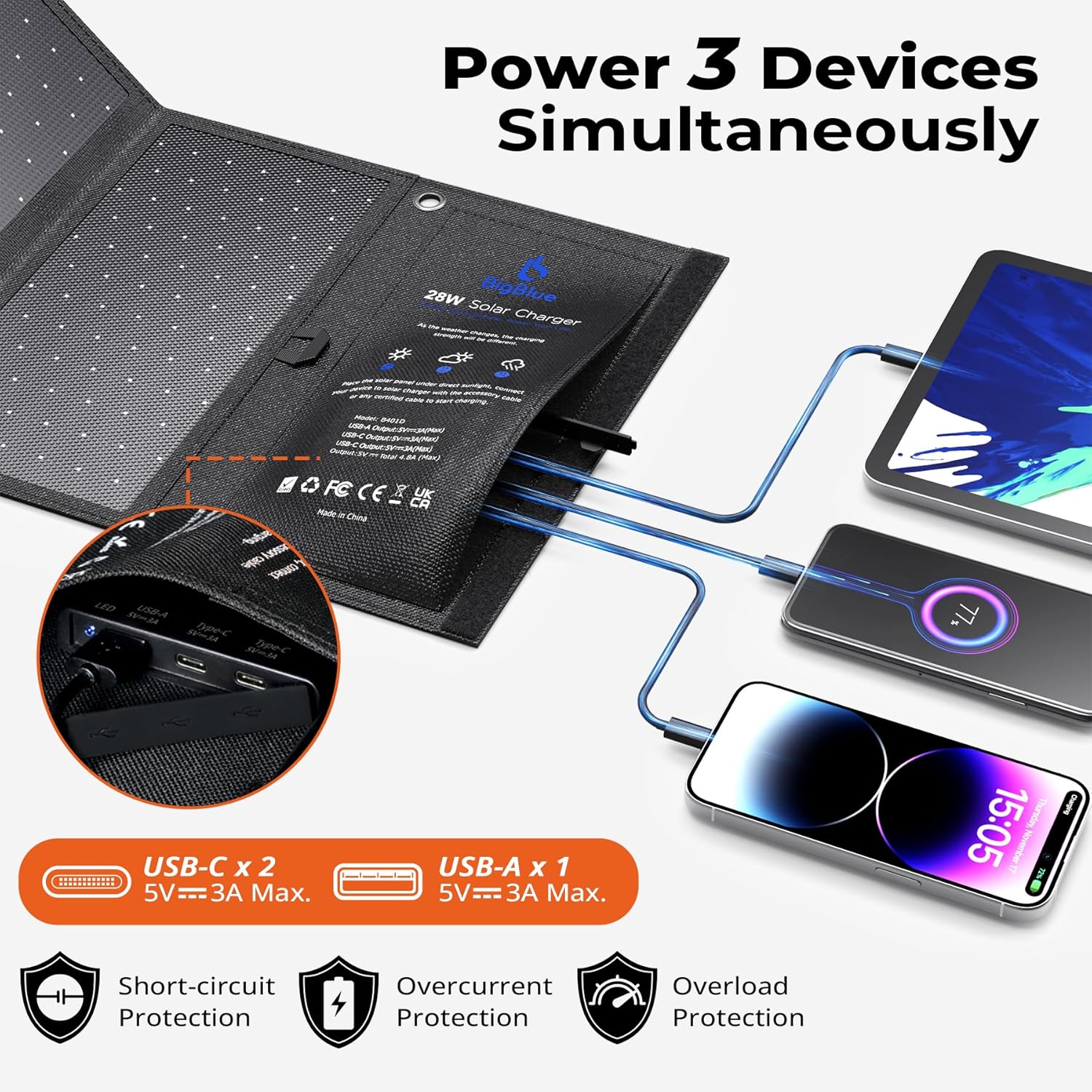28W Foldable Solar Charger 3 USB Ports Waterproof Fast Charge