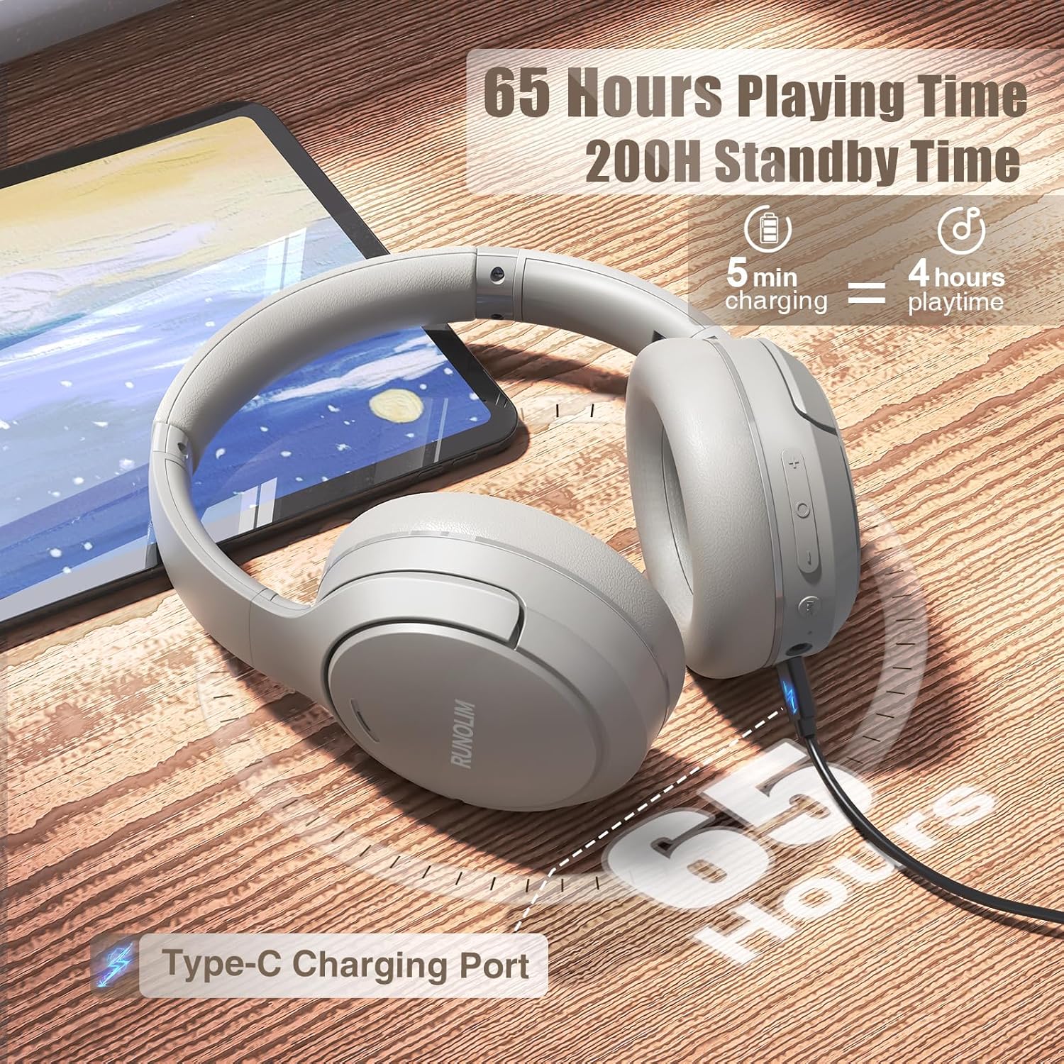 Wireless Noise Cancelling Over Ear Bluetooth Headphones 65Hr Silver