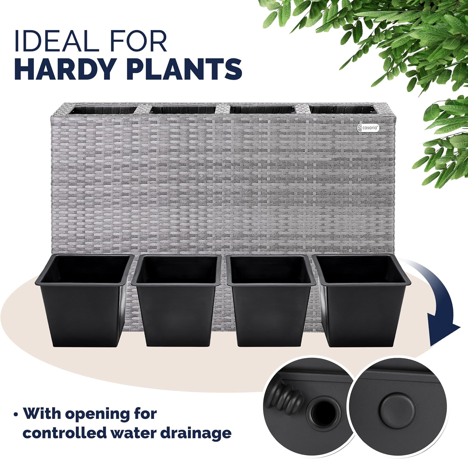 Large Tall Rattan Planter Box 95cm Grey with 4 Inner Pots