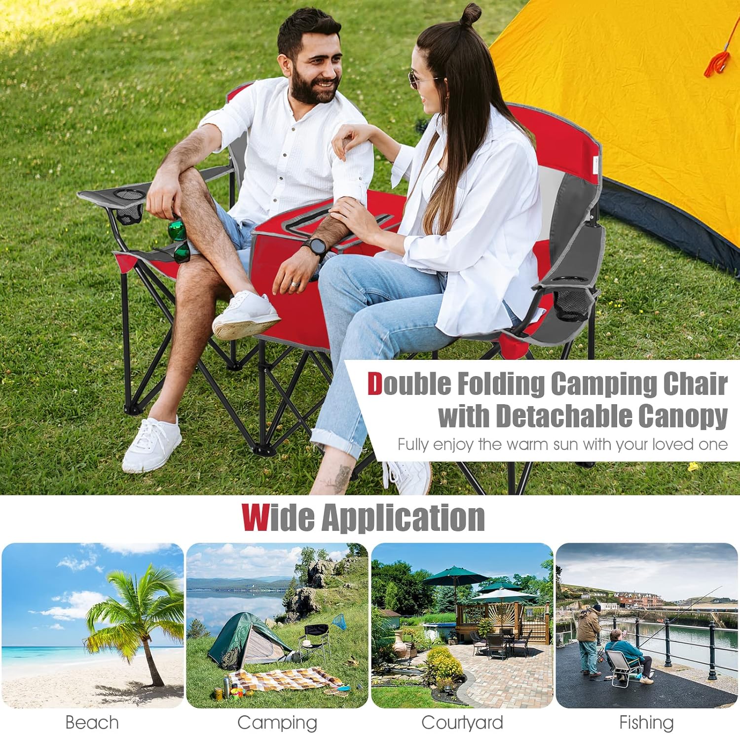 Double Camping Chair with Roll Up Shade Cooler Bag Red