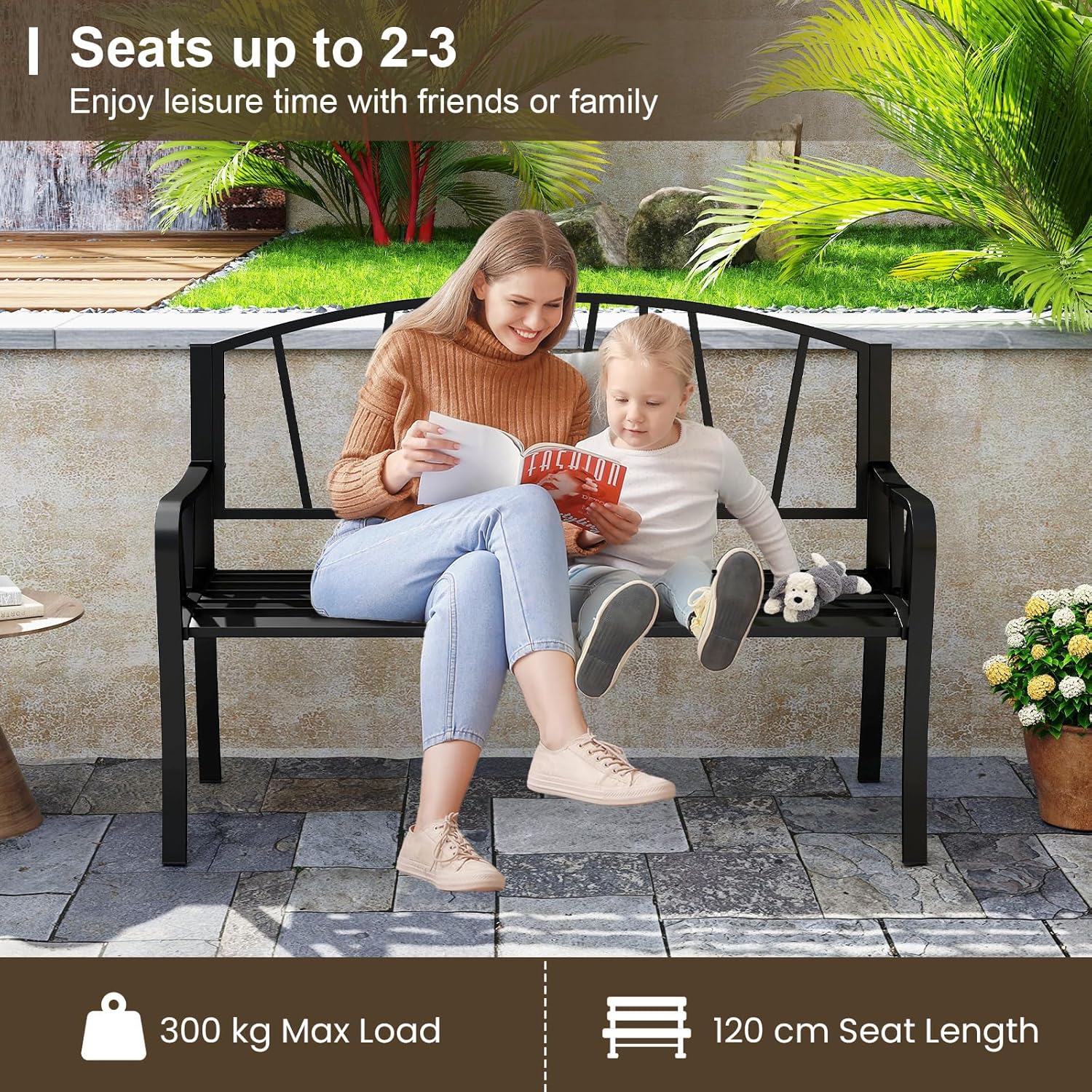2-3 Seater Outdoor Metal Garden Bench Patio Park Seat Black