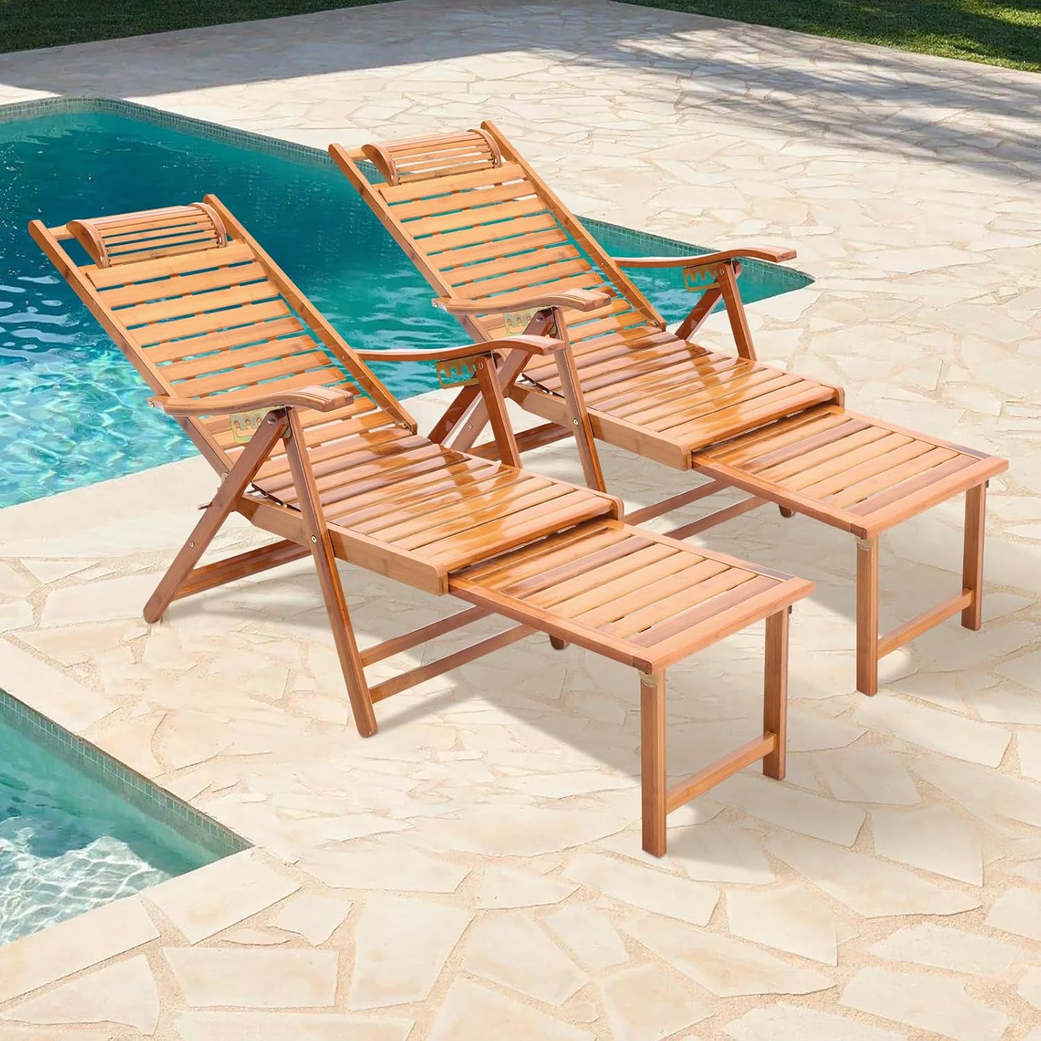 2 Pack Wooden Sun Loungers Foldable 5 Position Recliners