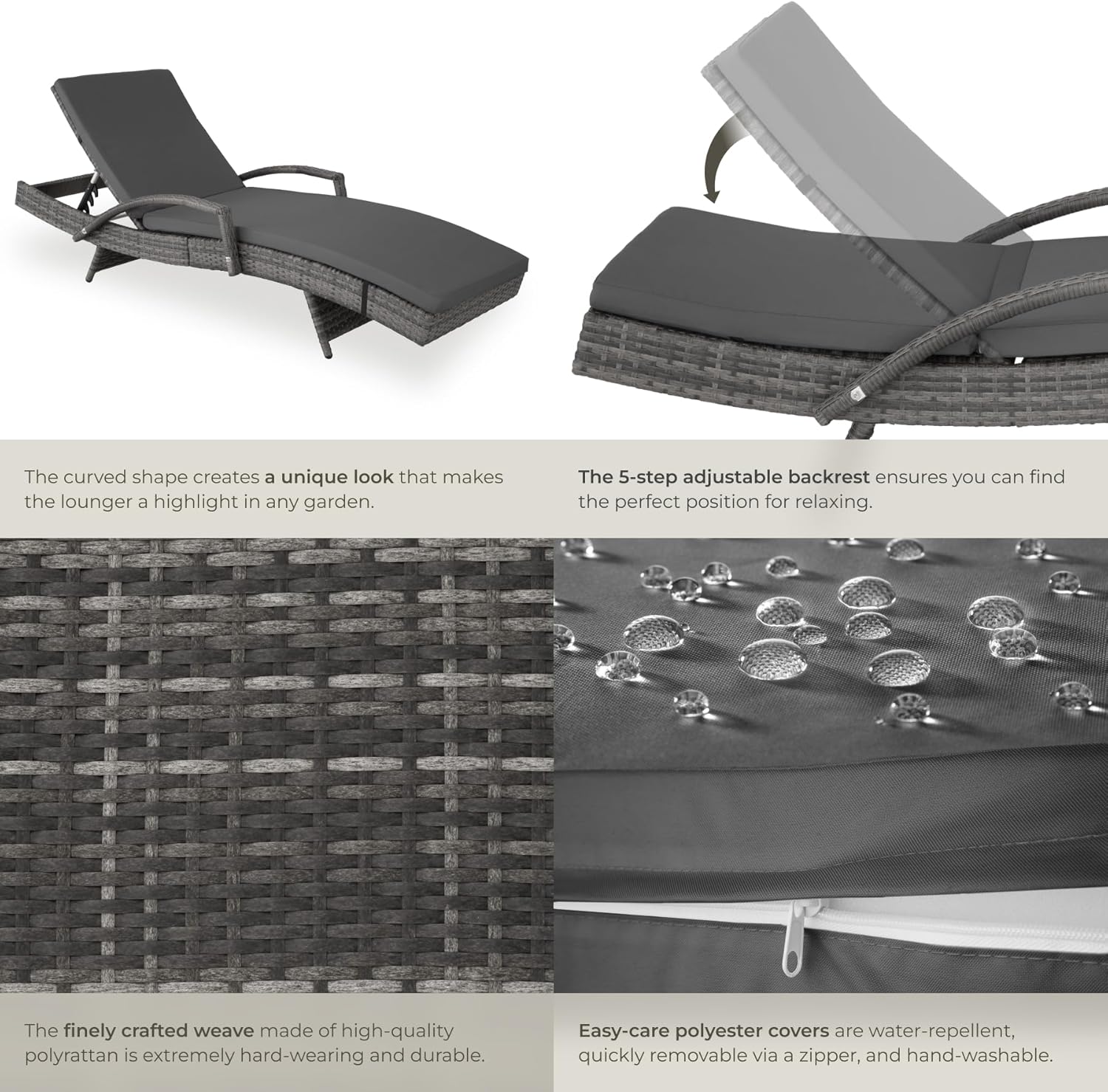 Rattan Sun Lounger 5 Position Recliner Cushion Grey