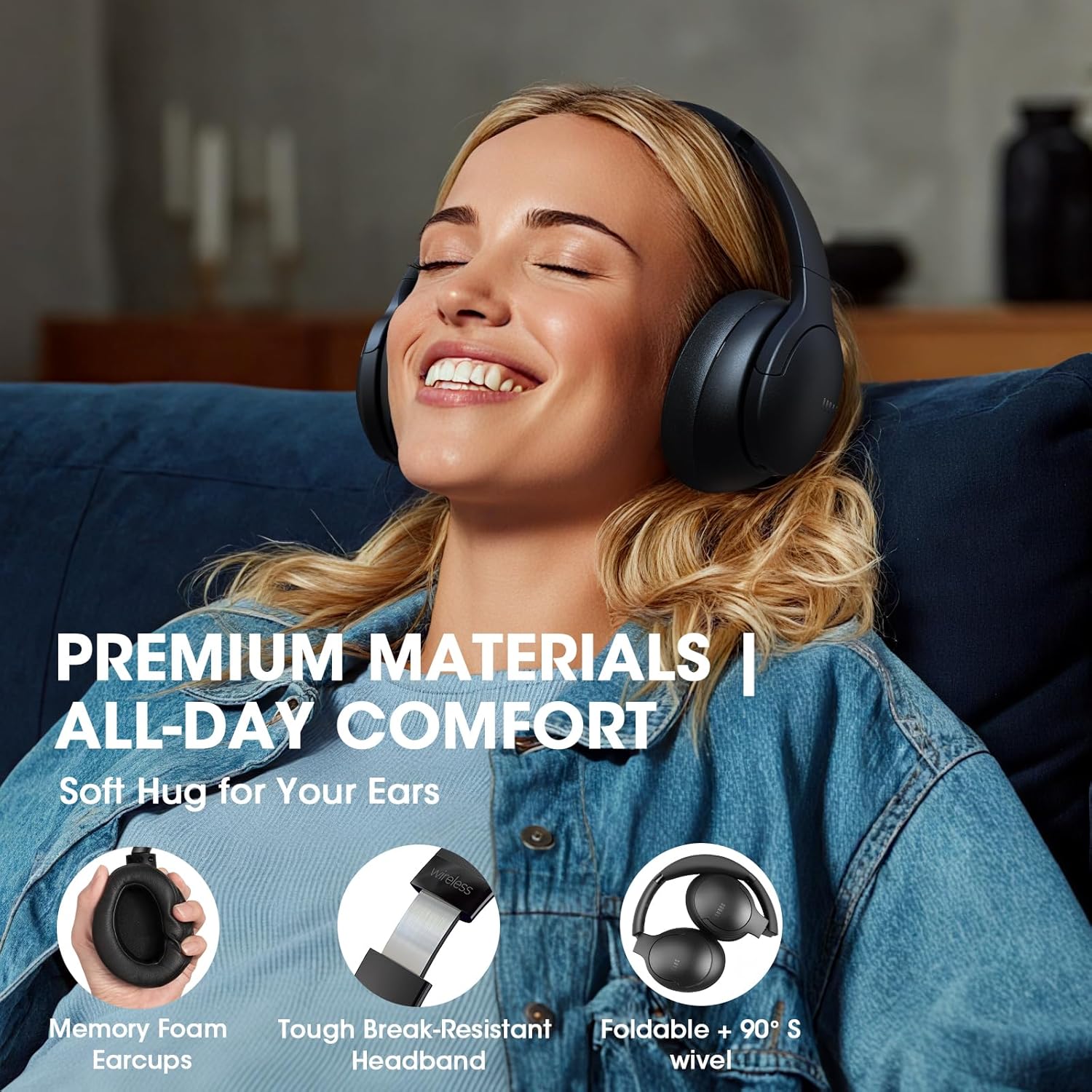 Bluetooth Over Ear Headphones 90H Playtime HiFi Stereo Bass 9 EQ Wireless