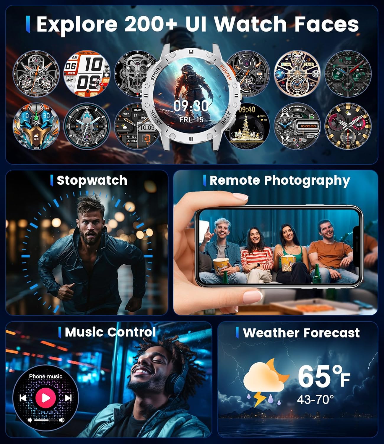 Military AMOLED Smart Watch Bluetooth Call LED Light