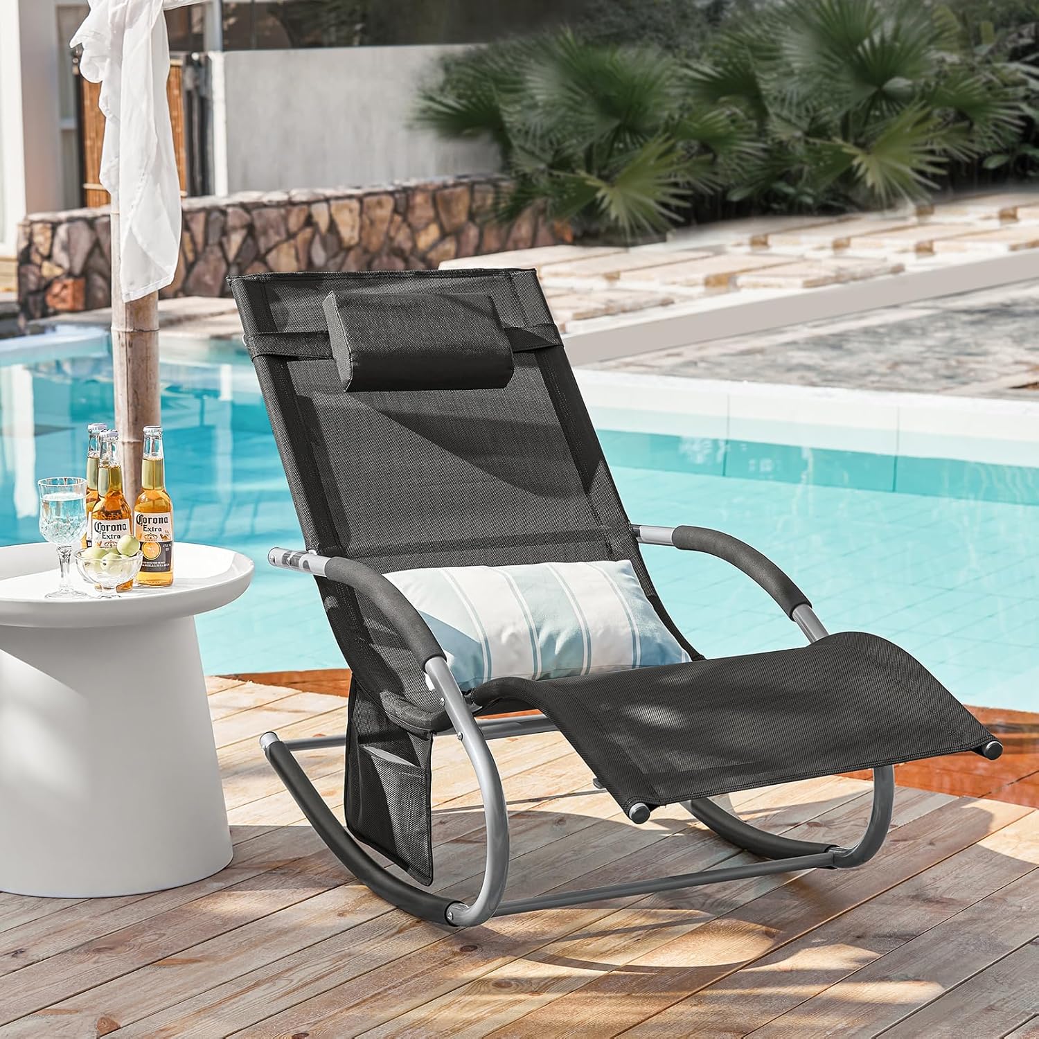Outdoor Rocking Recliner Chair with Pillow Pocket Black