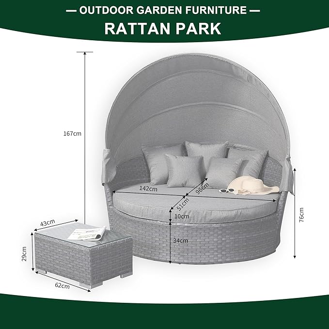 Rattan Garden Daybed with Canopy Queen Lounger Grey