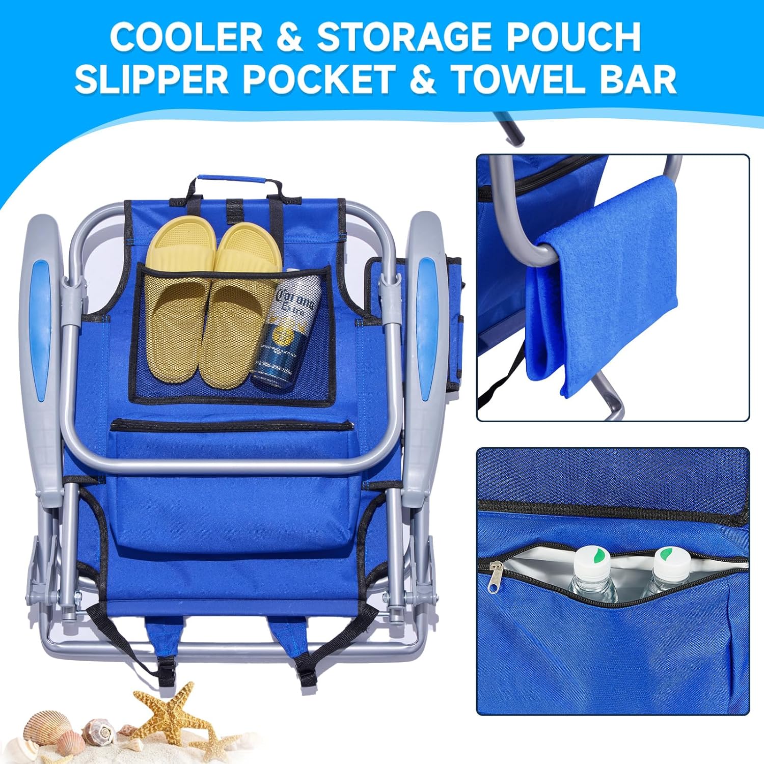 Reclining Beach Chair 5 Position Backpack Foldable Blue