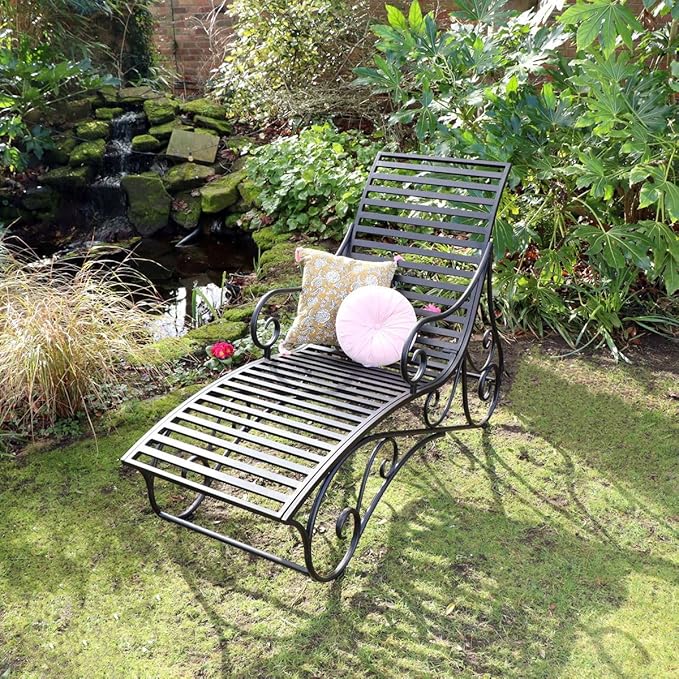 Ornate Metal Garden Sun Lounger Black Gold Vintage Style