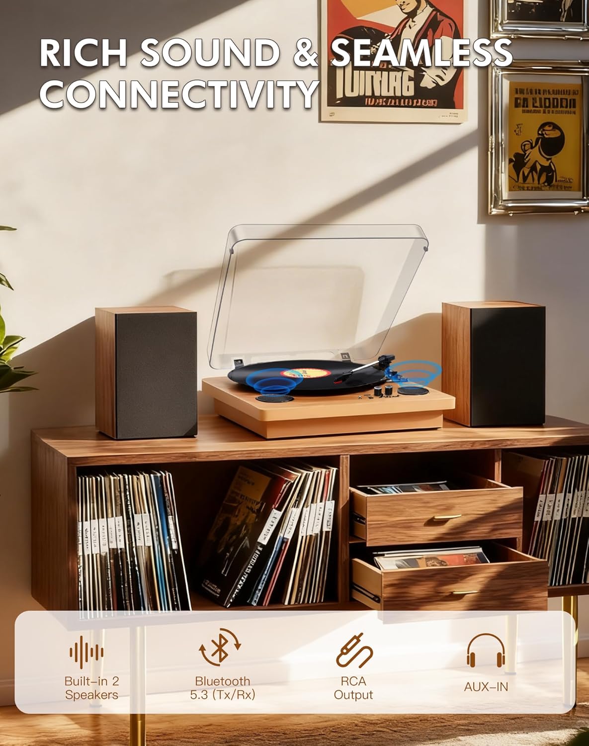 Portable 3-Speed Vinyl Record Player Bluetooth Turntable with Speakers