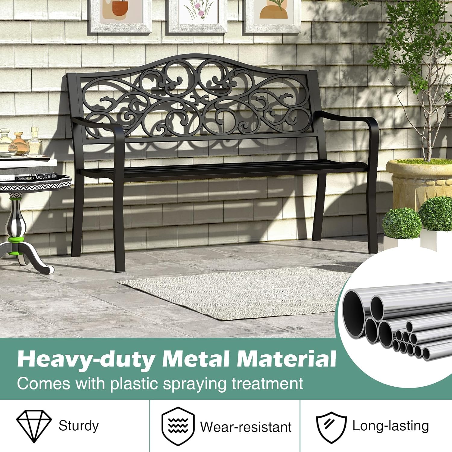 Metal Garden Bench 2-3 Seater Scroll Back Patio Seat Black