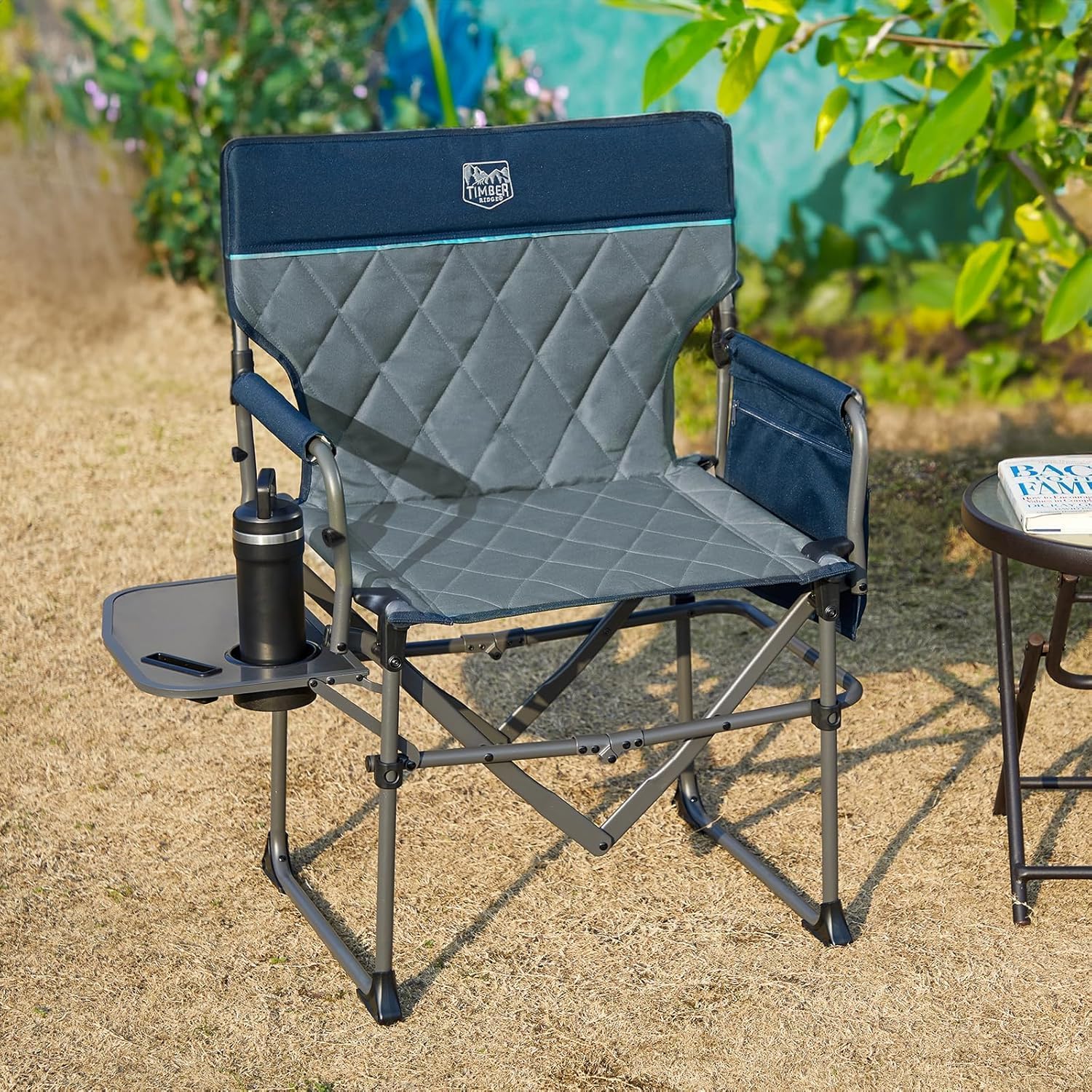 Heavy Duty Folding Directors Camping Chair with Side Table Blue
