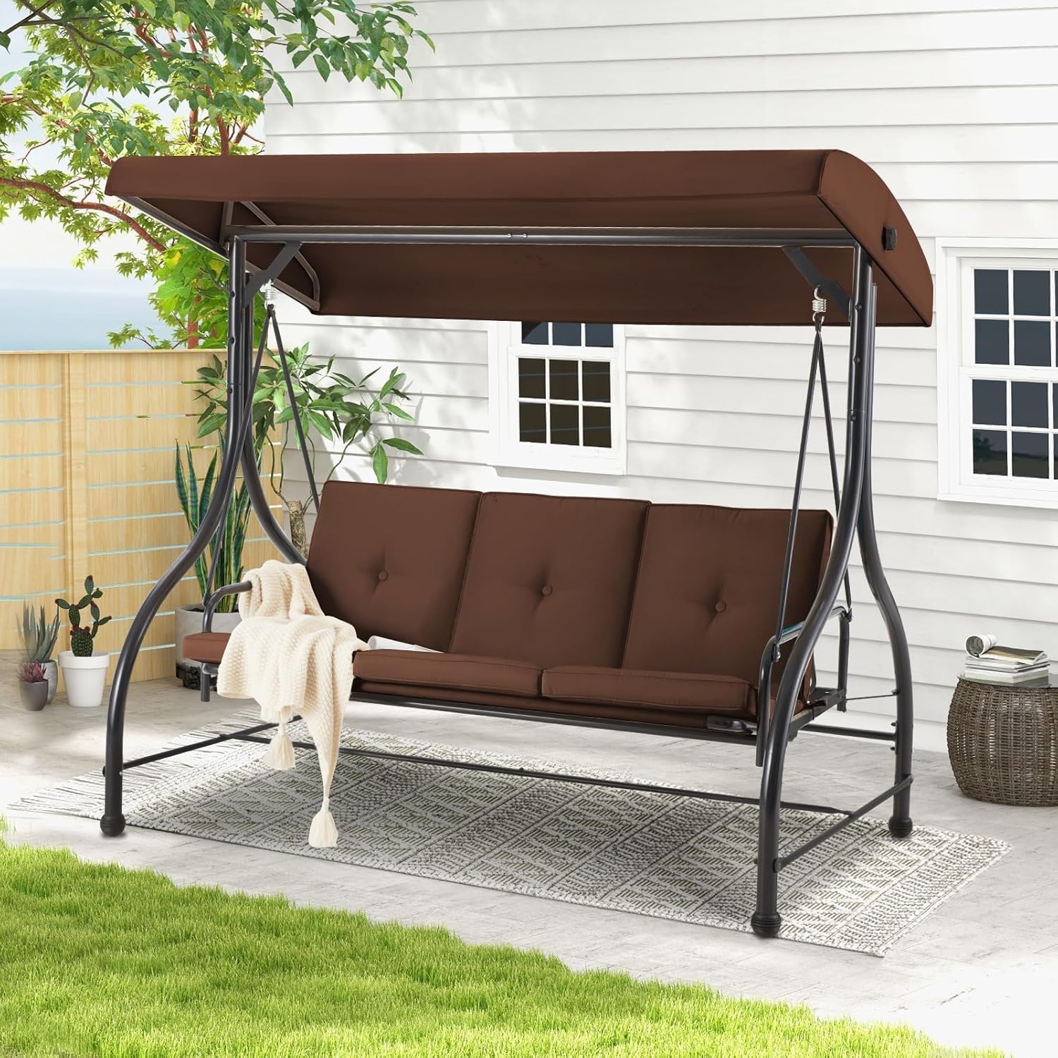 3 Seater Garden Swing Bed with Adjustable Canopy Brown