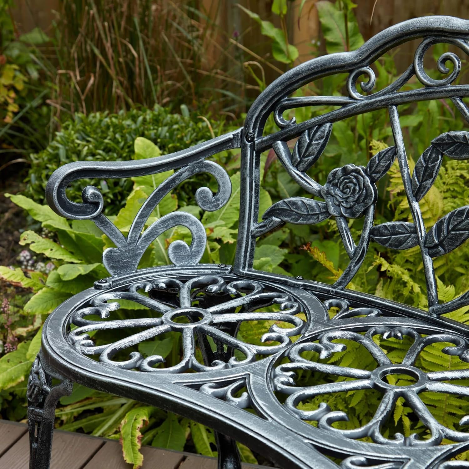 2 Seater Cast Iron Garden Bench Rose Design Patio Seat Grey