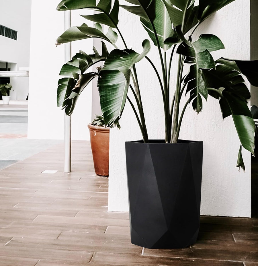 Large Black Geometric Planter 45cm Fibrestone Indoor Outdoor