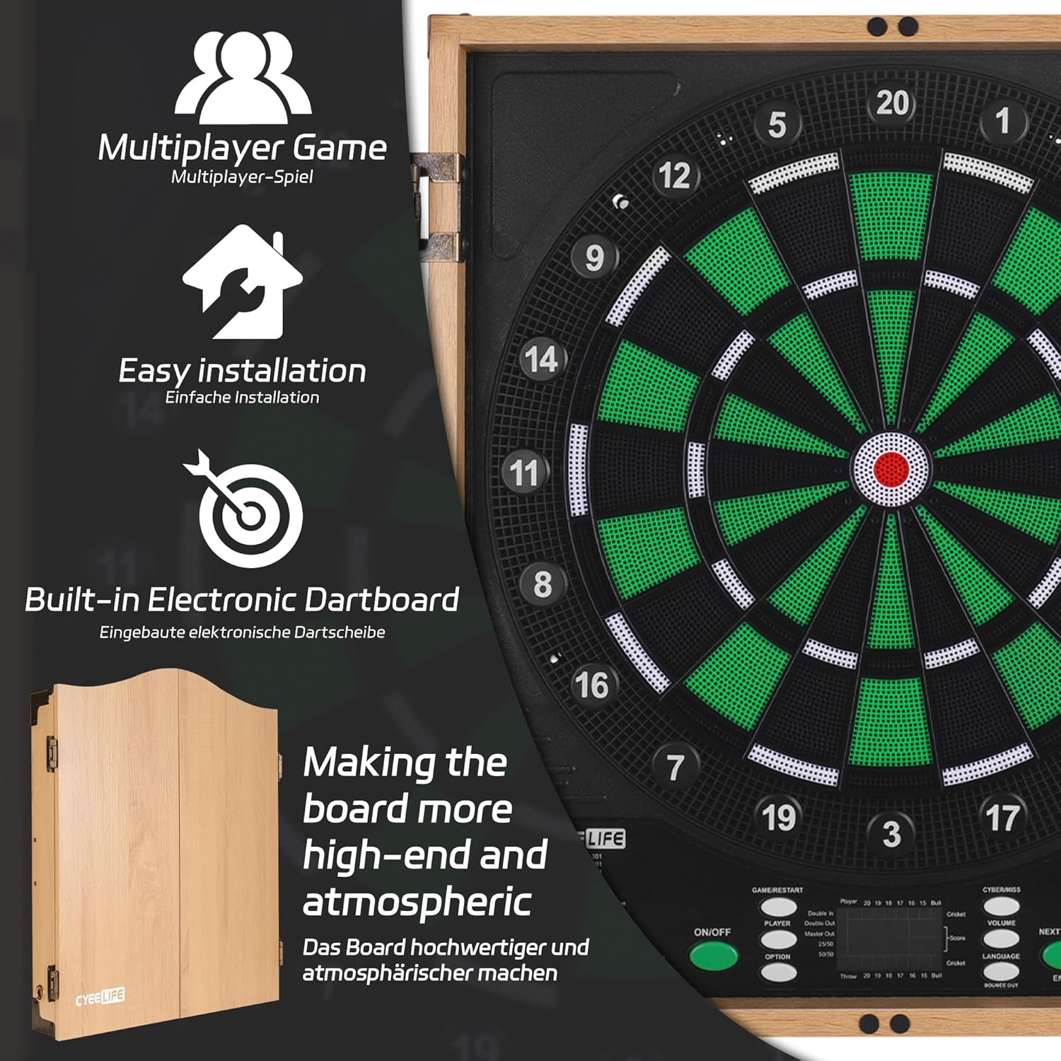 Electronic Dartboard Cabinet 8 Player LED 34 Games 12 Darts Set