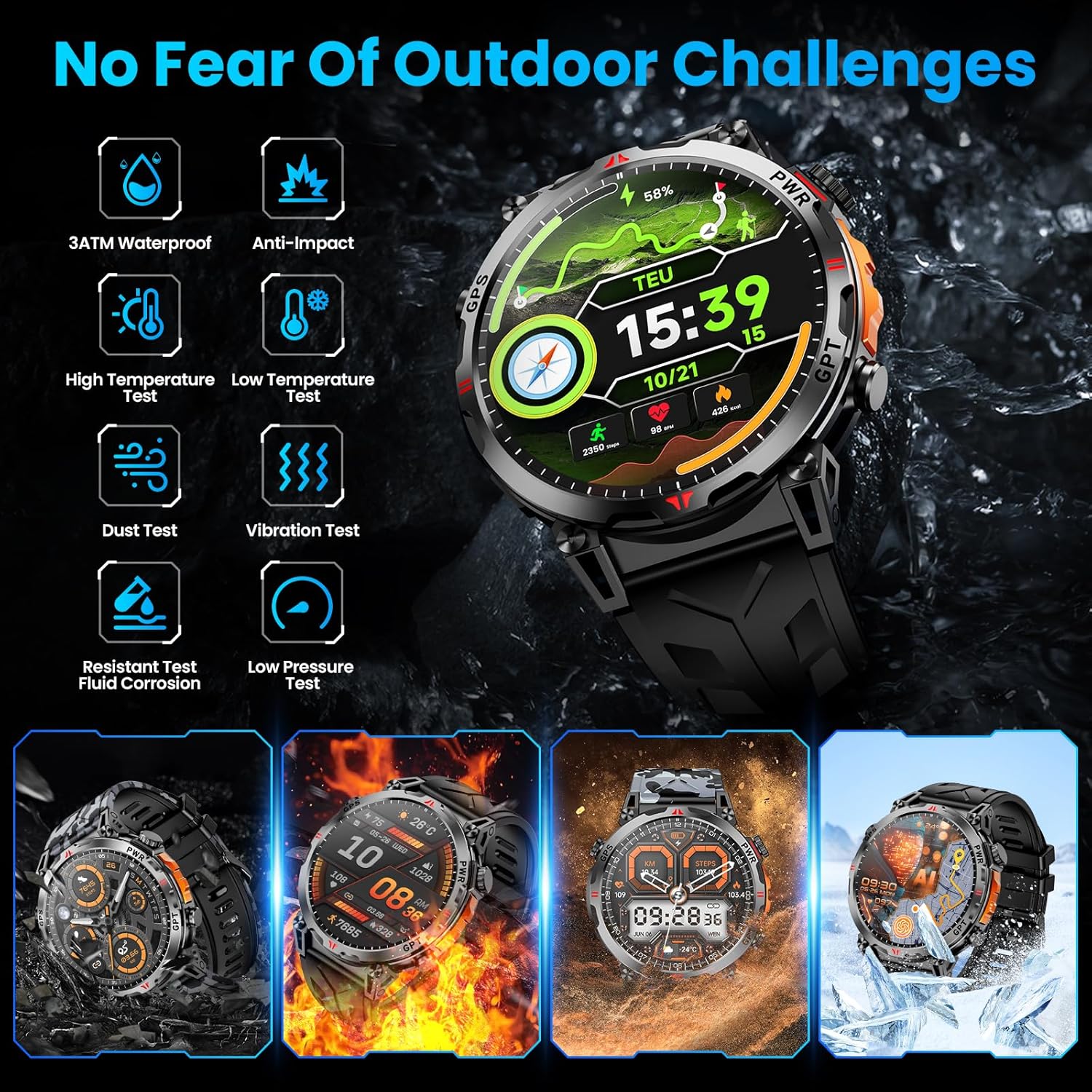Military GPS Smart Watch AMOLED Bluetooth Call Compass Fitness Watch